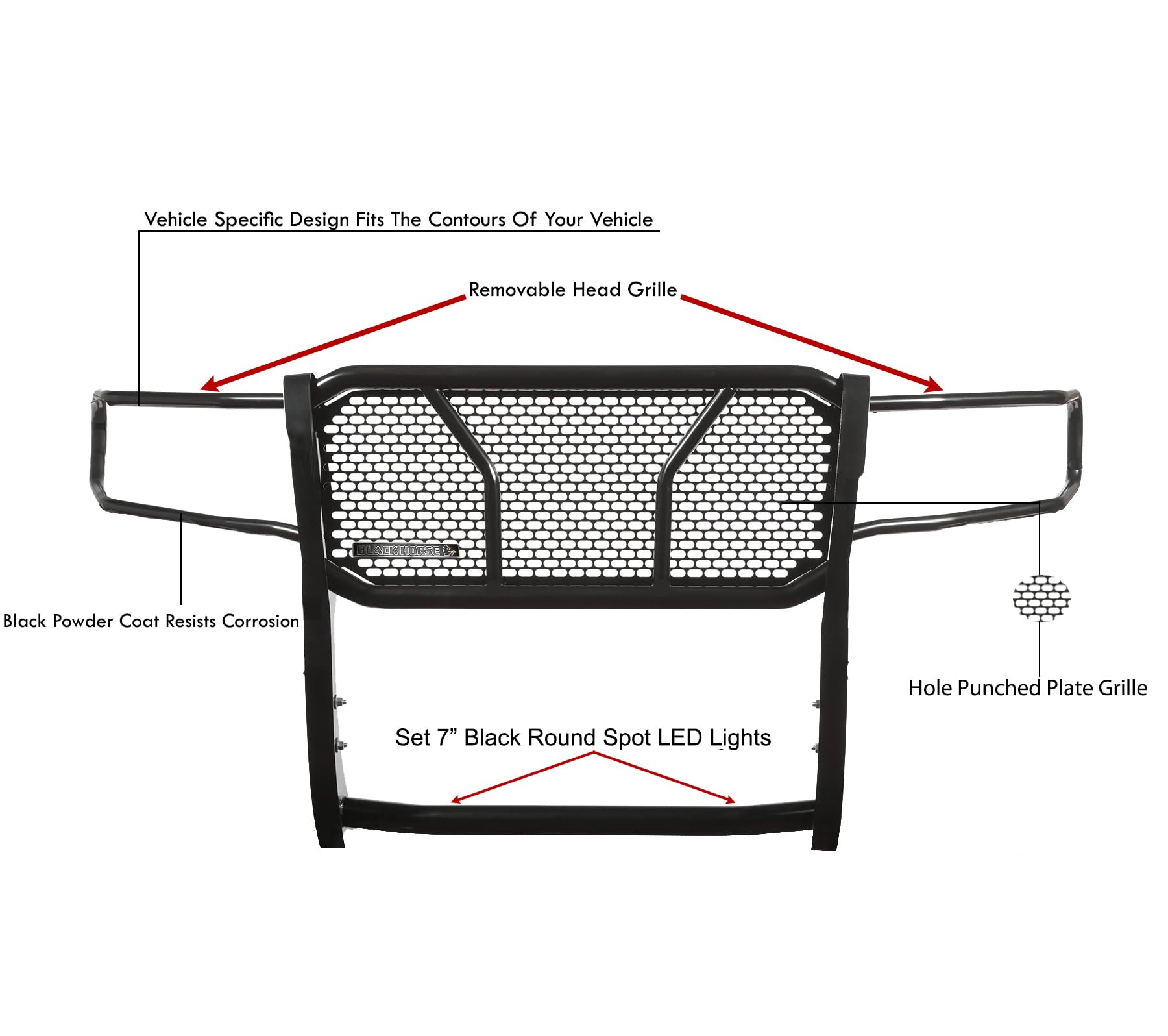 Heavy Duty Black Horse Rugged Grille Brush Bumper Guard Modular Black Come with Pair of 7.0" Dia.LED Lights with Black Trim Rings Compatible with 2022-2024 Nissan Frontier-RU-NIFR22-B-PLB