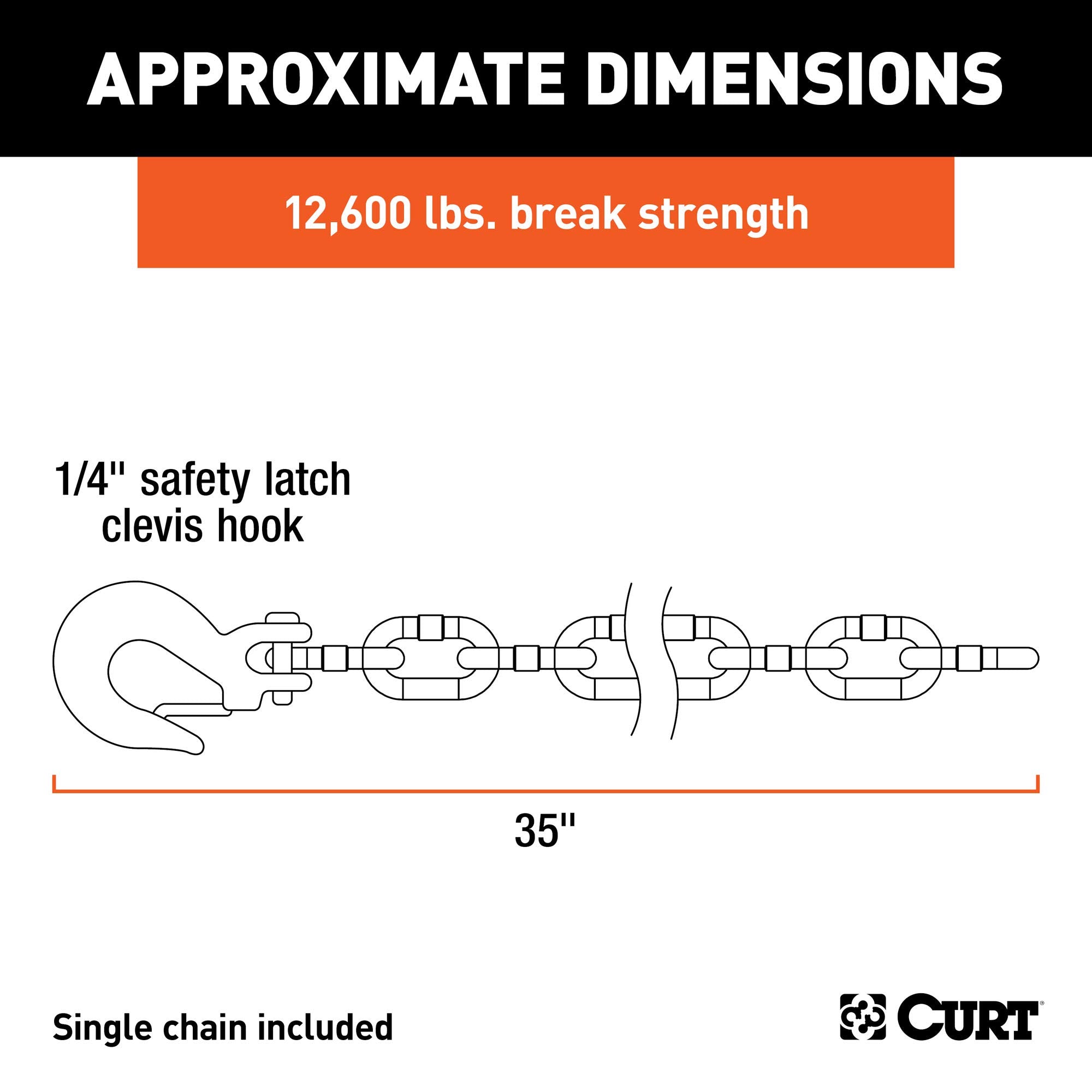 CURT 35-Inch Trailer Safety Chain with 1/4-In Clevis Snap Hook, 12,600 lbs Break Strength