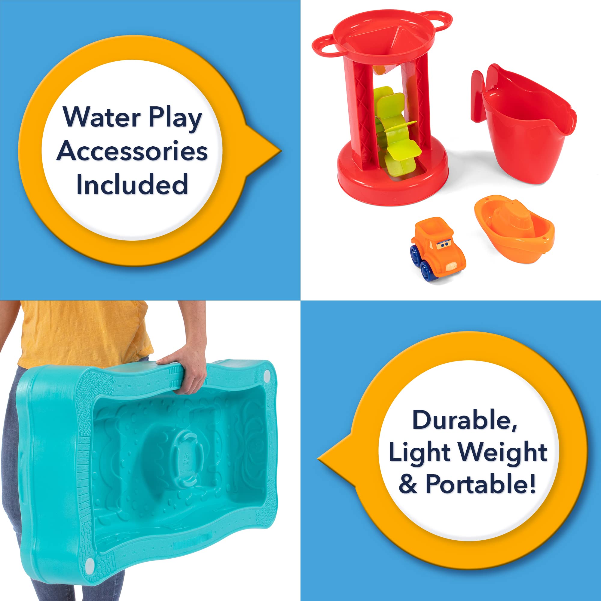 Simplay3 Ocean Drive Carry & Go 2-Sided Water Play Table for Kids with 4 Accessories - Indoor/Outdoor Toy Includes Waterwheel, Boat, Bucket, and Truck, Made in USA
