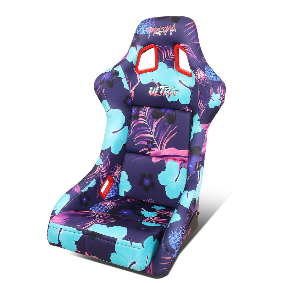 NRG Innovations Prisma FRP-302-PINA Fixed Back Bucket Racing Seat with Bottom Mount Bracket, Invert Tropical Print/Purple Sparkled Paint Back