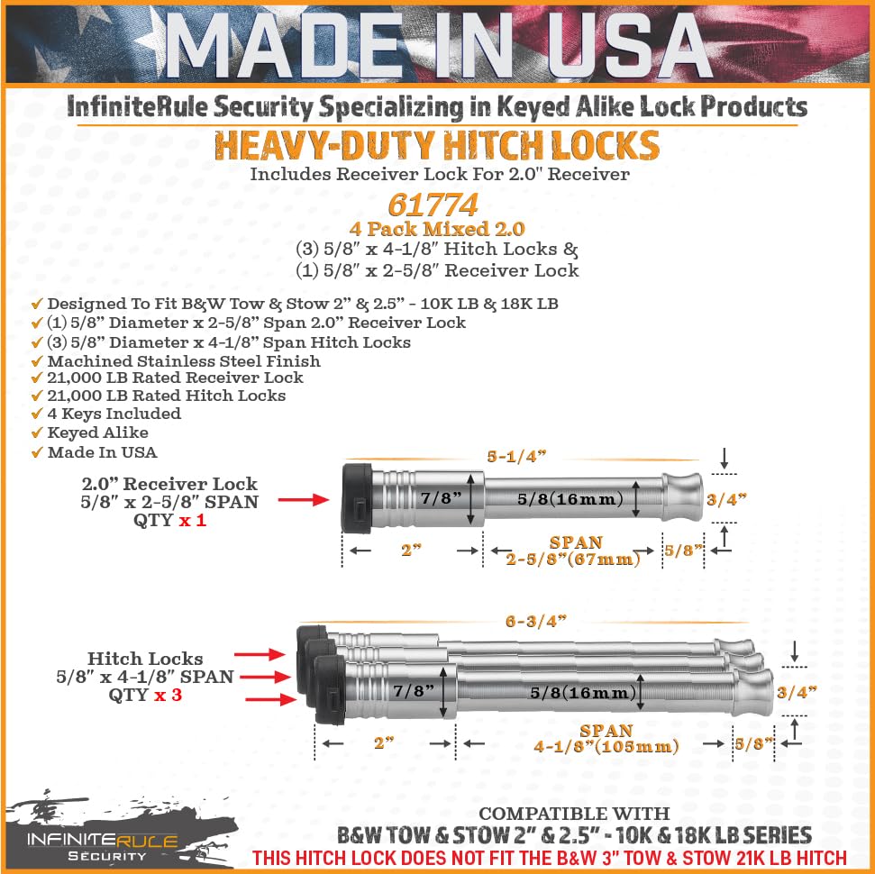 Security InfiniteRule 61774 | 4 Pack Mixed 2.0, Keyed Alike, Hitch Locks for B&W 2" Tow and Stow 10K LB - Includes Lock for 2.0" Receiver