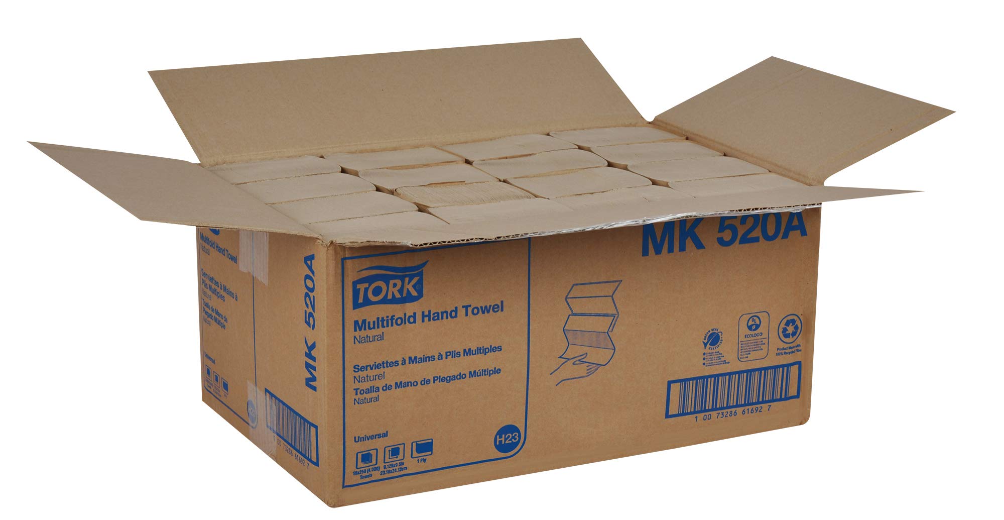 Tork Hand Towel Multifold, Natural, 100% recycled, FSC certified, Compatible with H2 Dispensers, 16 packs x 250 sheets (MK520A)