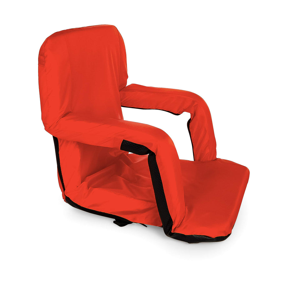 Portable Camco Stadium Seat - Steel Frame w/Padded Cushion Seat, Back Support & Armrests - Invertible Armrests for Wider Seat & Non-Skid Bottom - Great for Camping, RVing, Picnics & More - Red (53096)