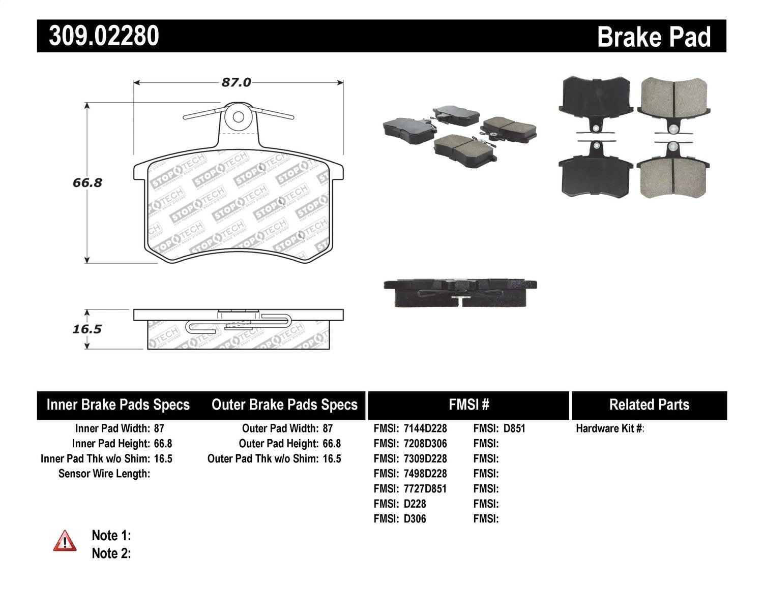 Sport Brake Pads StopTech 309.02280 with Shims and Hardware