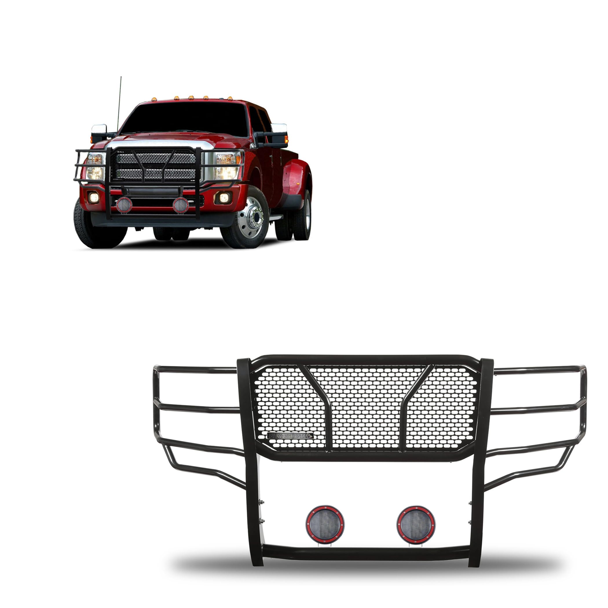 Heavy Duty Black Horse RUGGED Grille Brush Bumper Guard Modular Come With Pair of 5.3"LED Lights Compatible with 2011-2016 Ford F-250/Ford F-350/Ford F-450/Ford F-550 Super Duty-RU-FOF211-B-PLFR