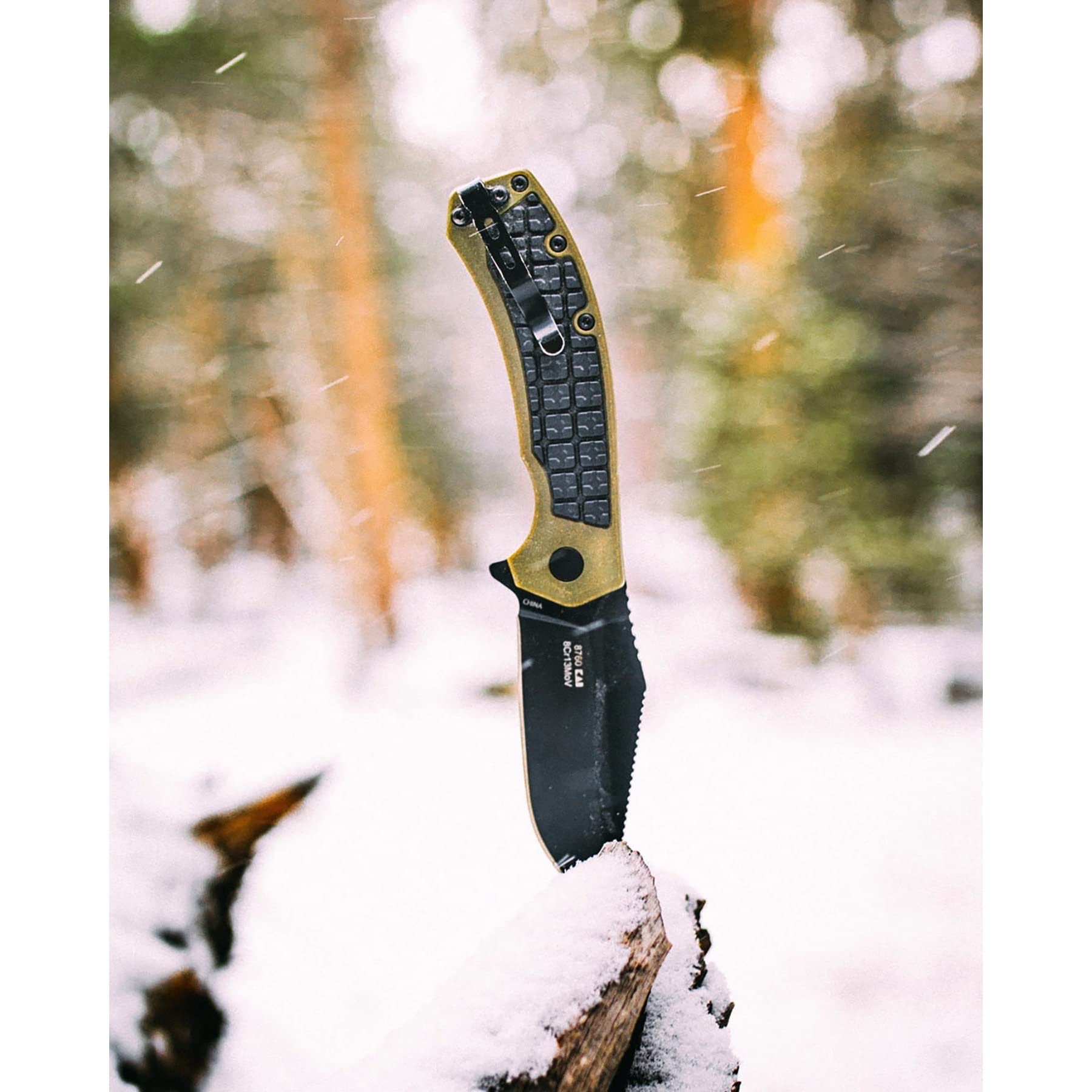 Kershaw Pocketknife Faultine (8760); 3-Inch 8Cr13MoV Blade with KVT Manual Open, Black Oxide Coating and Rubber Overmold, Olive Handle, Pocketclip