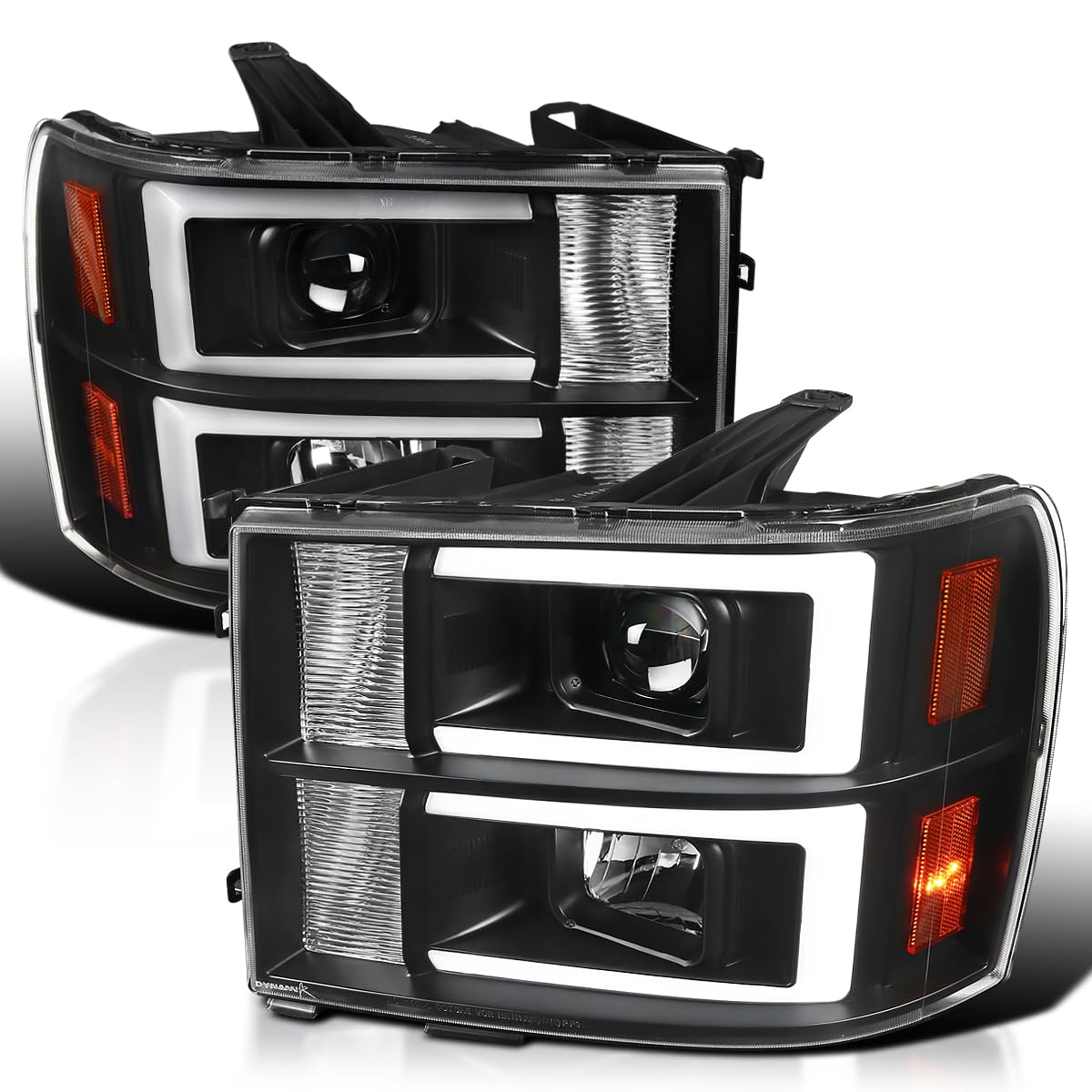 Black LED Bar Projector Headlights SPEC-D TUNING Compatible with 2007-2013 GMC Sierra Models 1500 1500HD 2500HD 3500HD, Left + Right Pair Headlamps Assembly