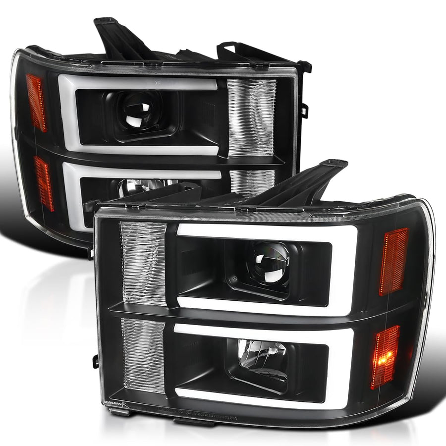 Black LED Bar Projector Headlights SPEC-D TUNING Compatible with 2007-2013 GMC Sierra Models 1500 1500HD 2500HD 3500HD, Left + Right Pair Headlamps Assembly
