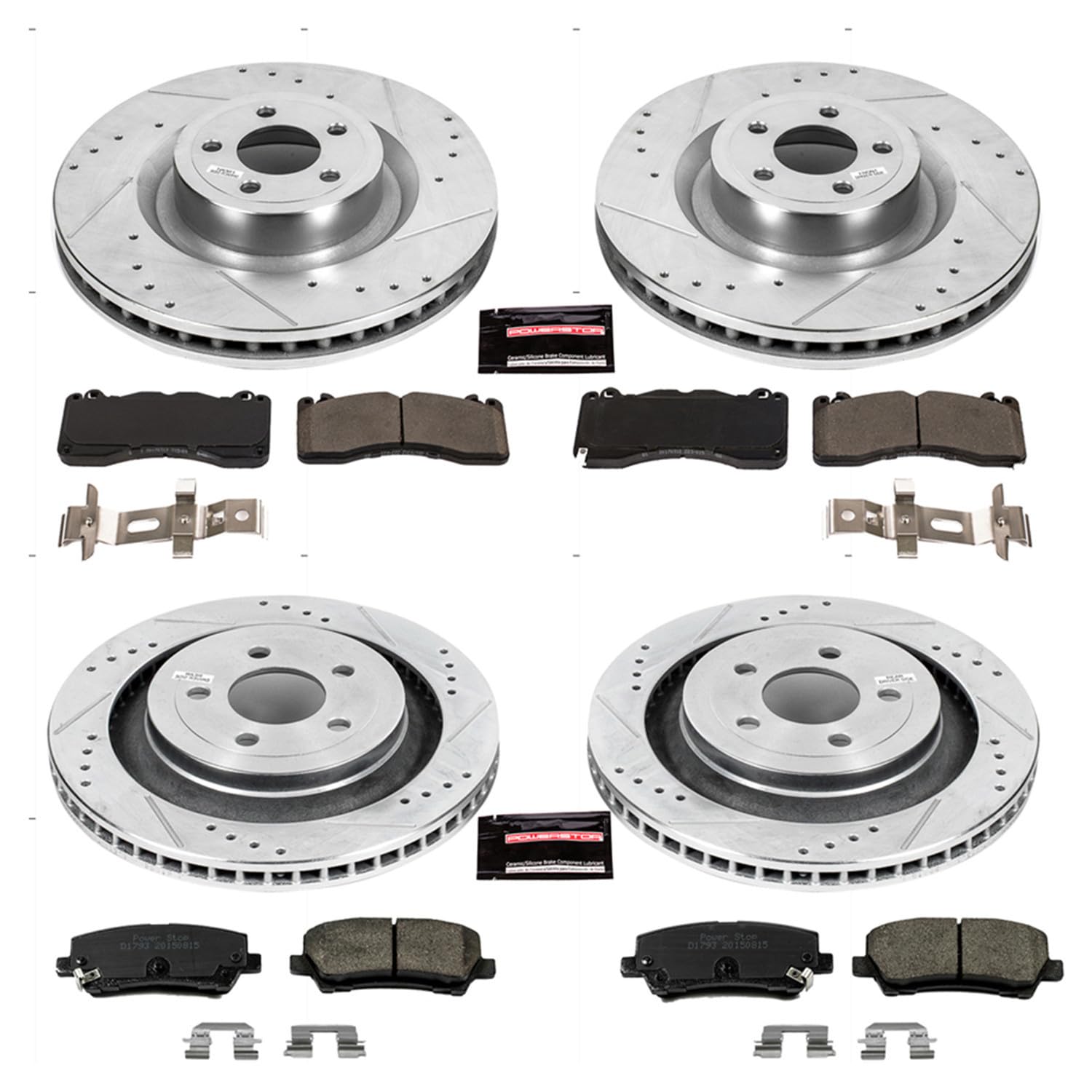 Power Stop K6810 Z23 Carbon Fiber Brake Pads Front and Rear with Drilled and Slotted Brake Rotors Kit For 2015-2022 Ford Mustang [Application Specific]
