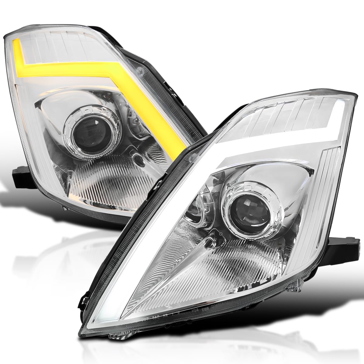 Chrome Sequential LED Tube Signal Projector Headlights and Startup Animation SPEC-D TUNING Compatible with 2006-2009 Nissan 350Z, Left + Right Pair Headlamp Assembly