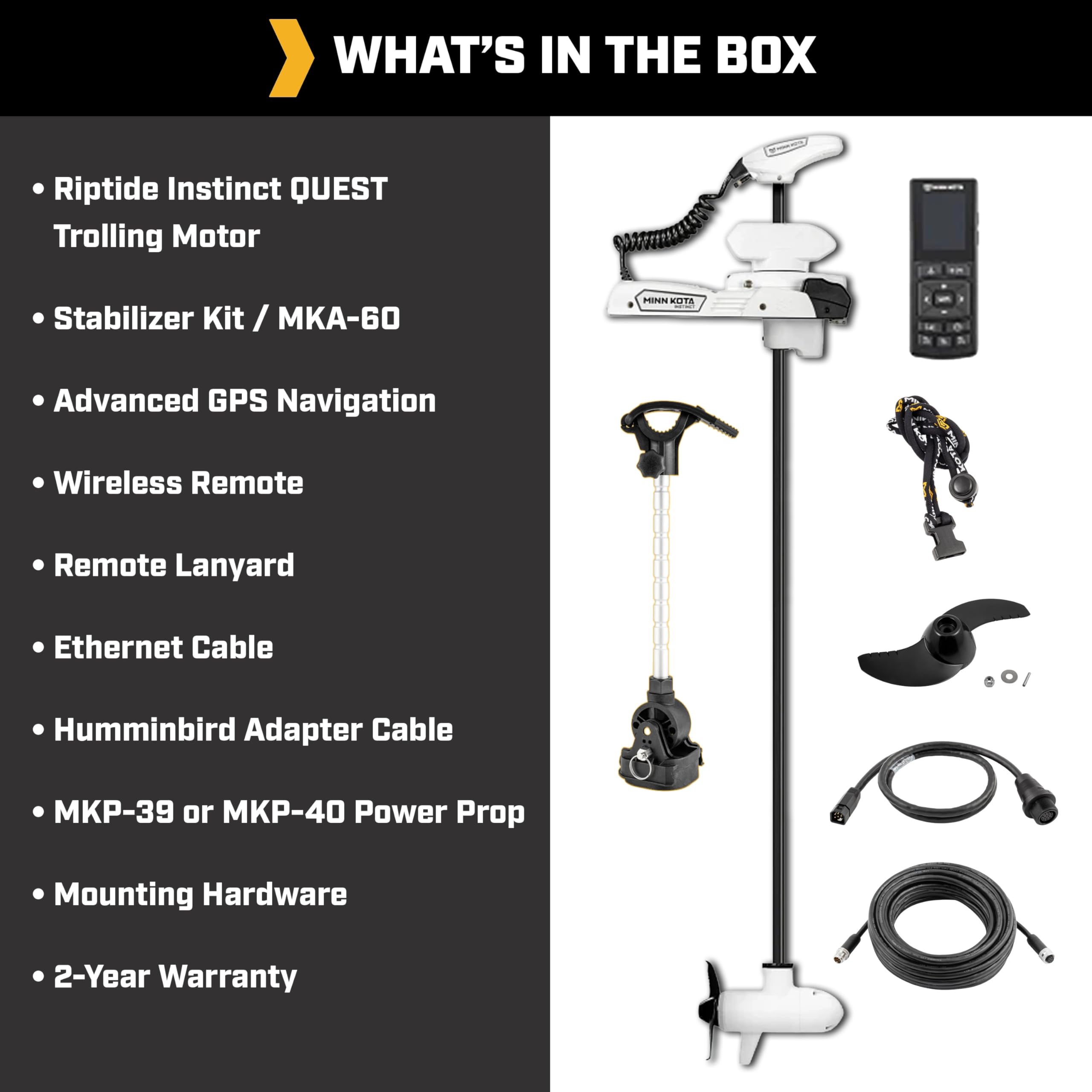 Minn Kota Riptide QUEST Instinct Brushless Bow-Mount Electric Trolling Motor – 90/115 Lb. Thrust, 60 In. Shaft, Saltwater, White