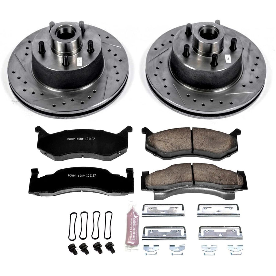 Power Stop K8079 Z23 Carbon Fiber Brake Pads with Drilled & Slotted Brake Rotors Kit For Chrysler Town & Country 1980-1981 [Model Specific]