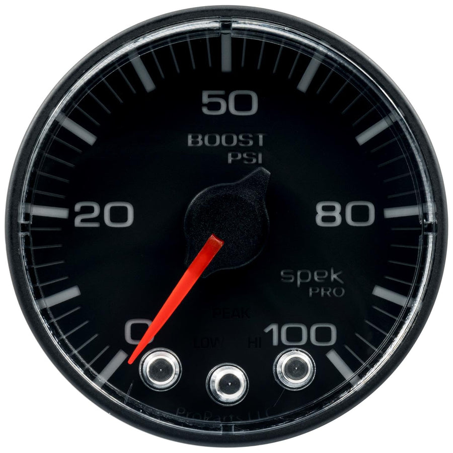 Gauge AUTO METER P305328 Boost (Spek-Pro 2 1/16", 100Psi, Stepper Motorwith Peak & Warn, Blk/Blk, Spek-Pro)