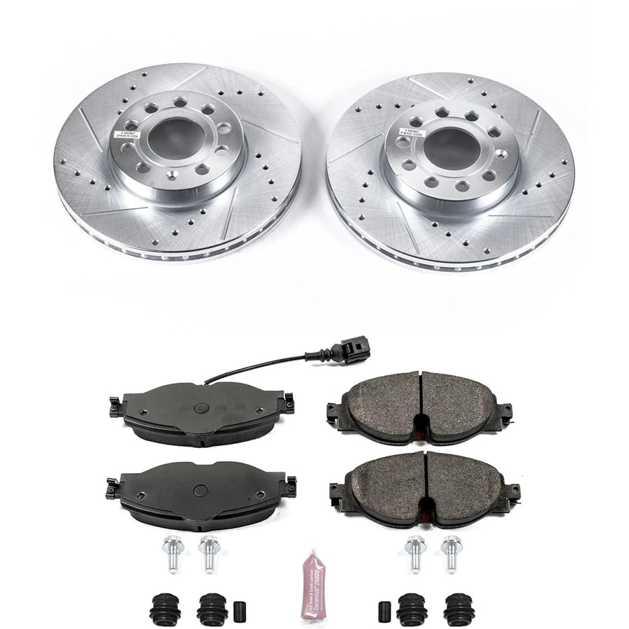 Power Stop K7080 Front Z23 Sport Brake Kit Upgrade and 1 Front Sensor Wire For Audi A3, Audi A3 Quattro, Audi A3 Sportback e-tron, VW Golf, VW Golf SportWagen, VW Jetta, VW e-Golf [Model Specific]