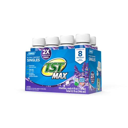 Camco TST MAX Toilet Treatment RV - Formaldehyde Free - Breaks Down Waste And Tissue - Septic Tank Safe - Treats up to 8-40 Gallon Holding Tanks -Lavender Scent, (8) 4 oz Bottles (41551)