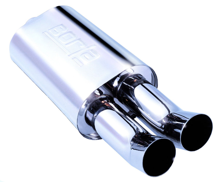 Boomers BORLA 40059 Spitfire Muffler - 2.25" Center Inlet/Dual 3" Round DTM Style Tips 5.5" x 8.5 Oval x 14" Long Body 26.25" Overall Length. Universal Part.