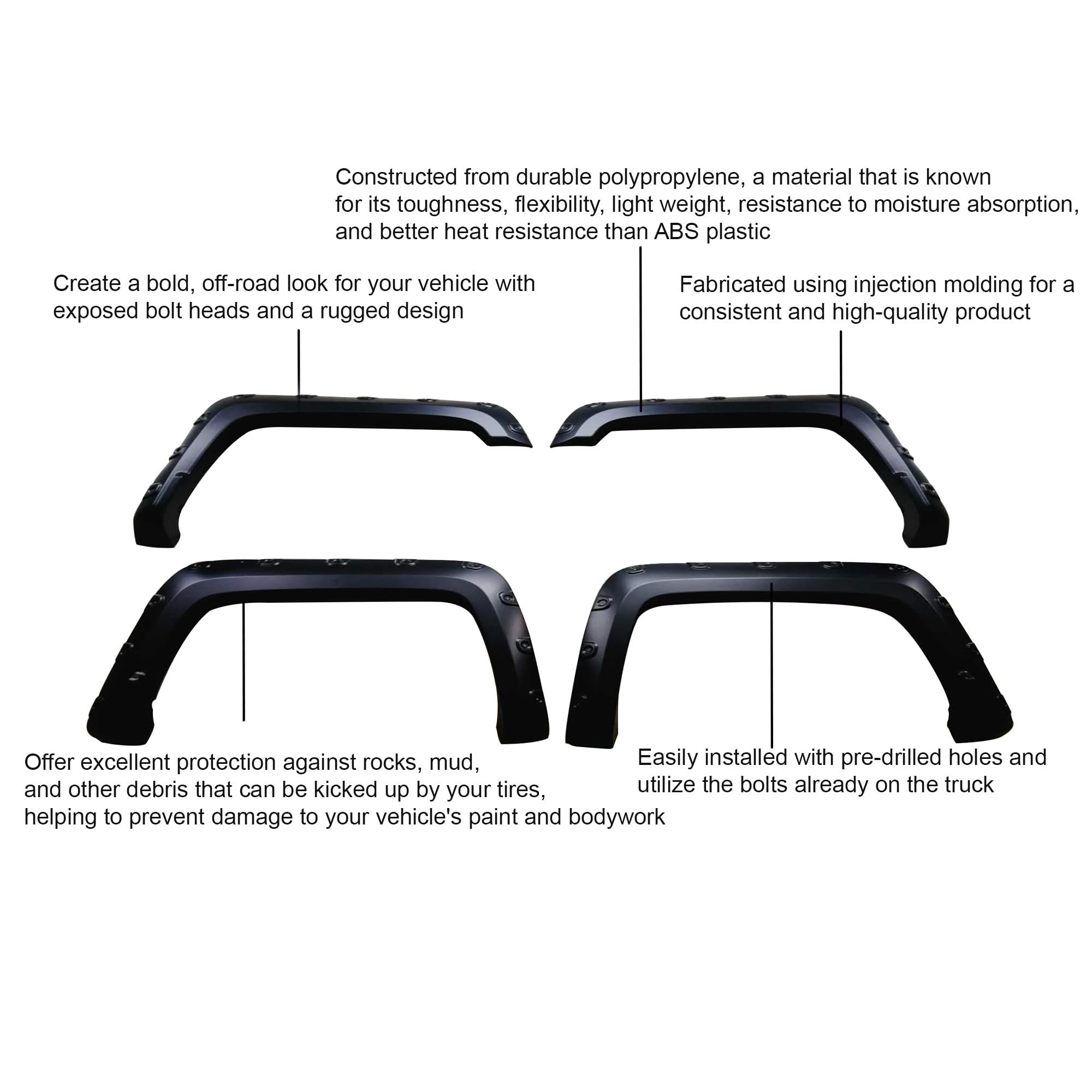 Fender Flares Black Riveted Style Black Horse Compatible with 2016-2018 GMC Sierra 1500-FPSSI16