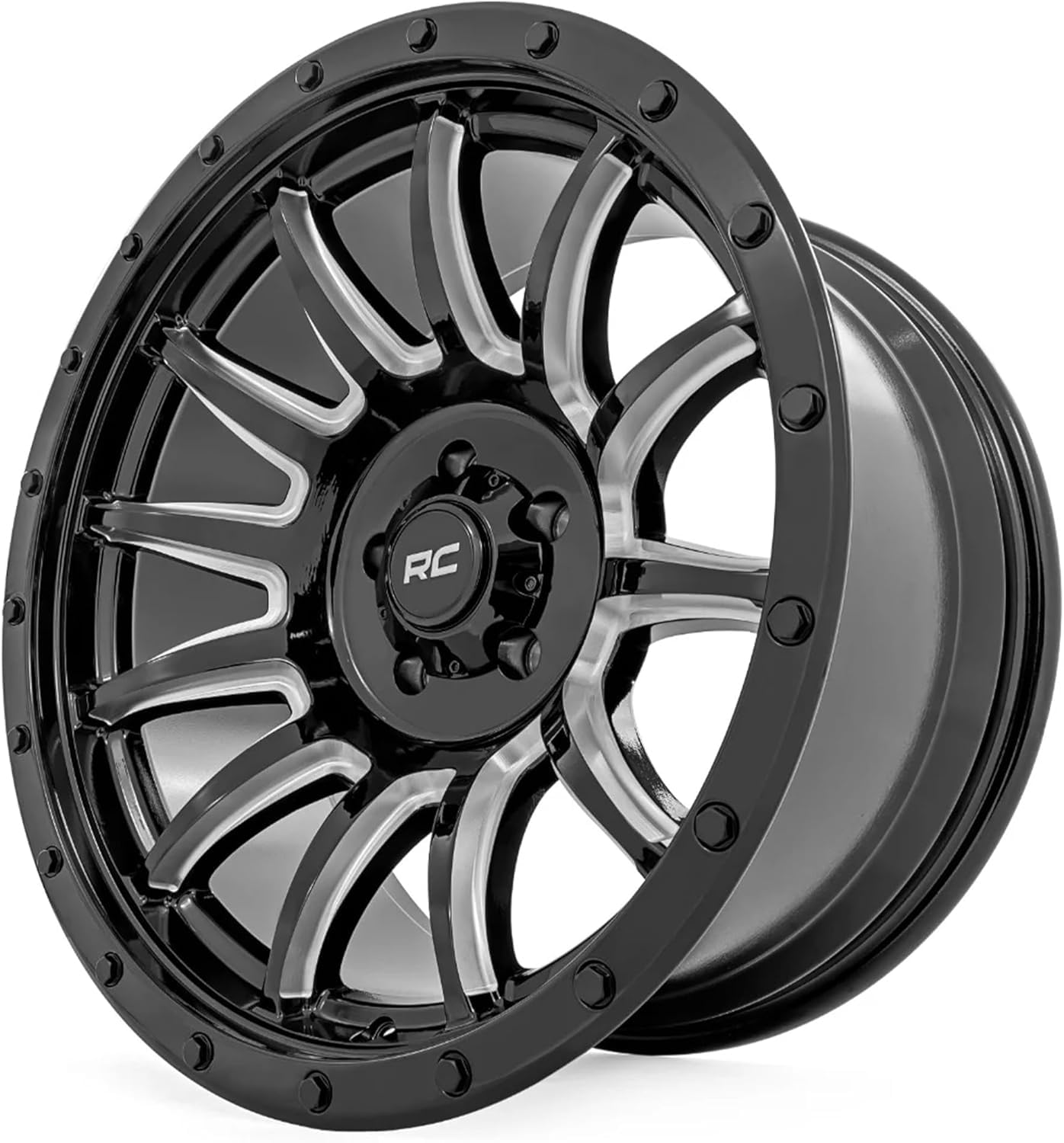 90 Series Rough Country 18x9 Wheel - 6x5.5" Bolt Pattern, 12mm Offset, One Piece Aluminum Rim, Gloss Black Finish with Machined 12-Spoke Design for Trucks, Jeeps, Off-Road