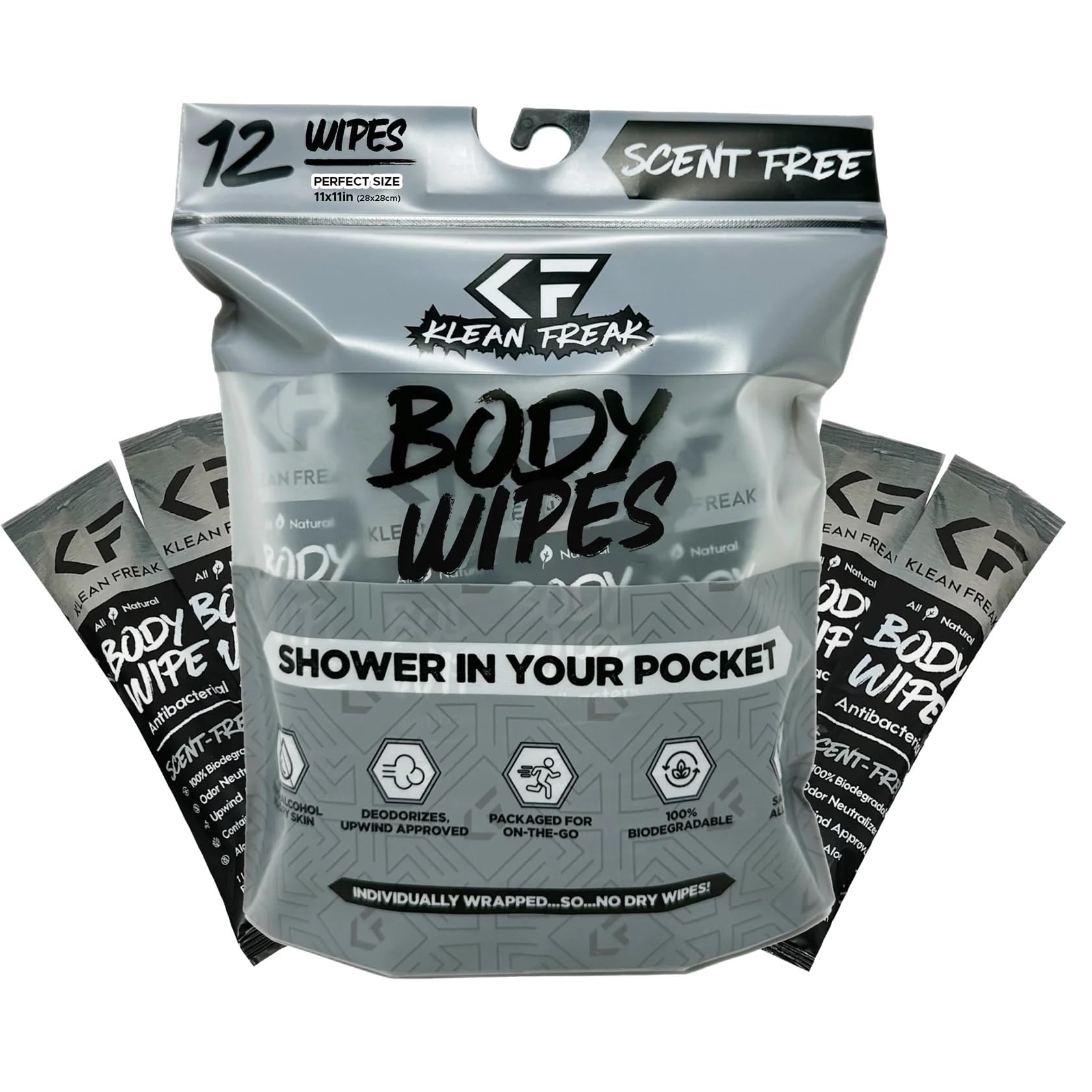 The Body Wipes Klean Freak - 12 count Individually Wrapped | Showerless Body Wipe for Women & Men | Sustainable Bodywipes for Gym, Travel, Camping | Scent Free