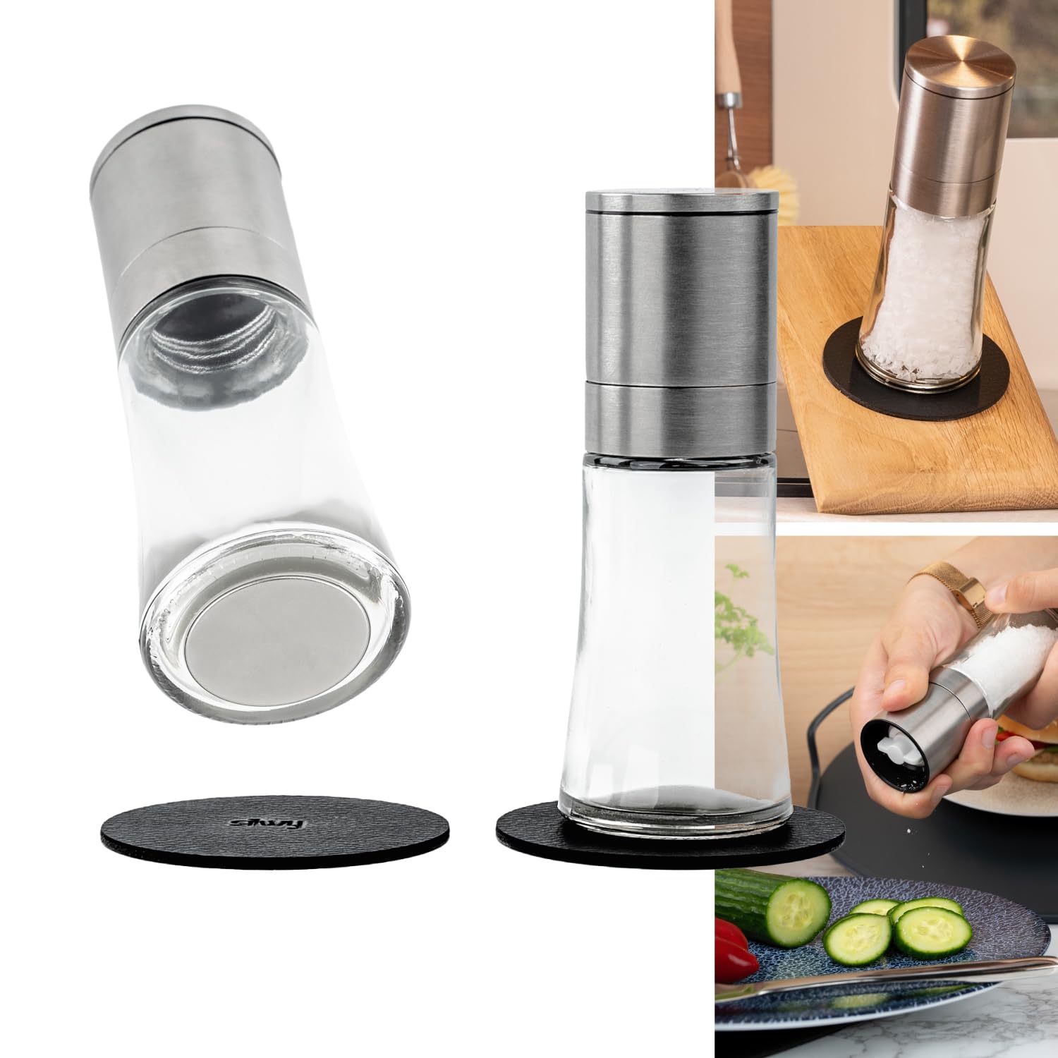 Silwy® Spice Mills with Magnets Set of 2 with Adjustable Ceramic Grinder Silwy® Including 2 Metal Nano Gel Pads Salt Mill and Pepper Mill Made of Quality Stainless Steel (Without Contents)