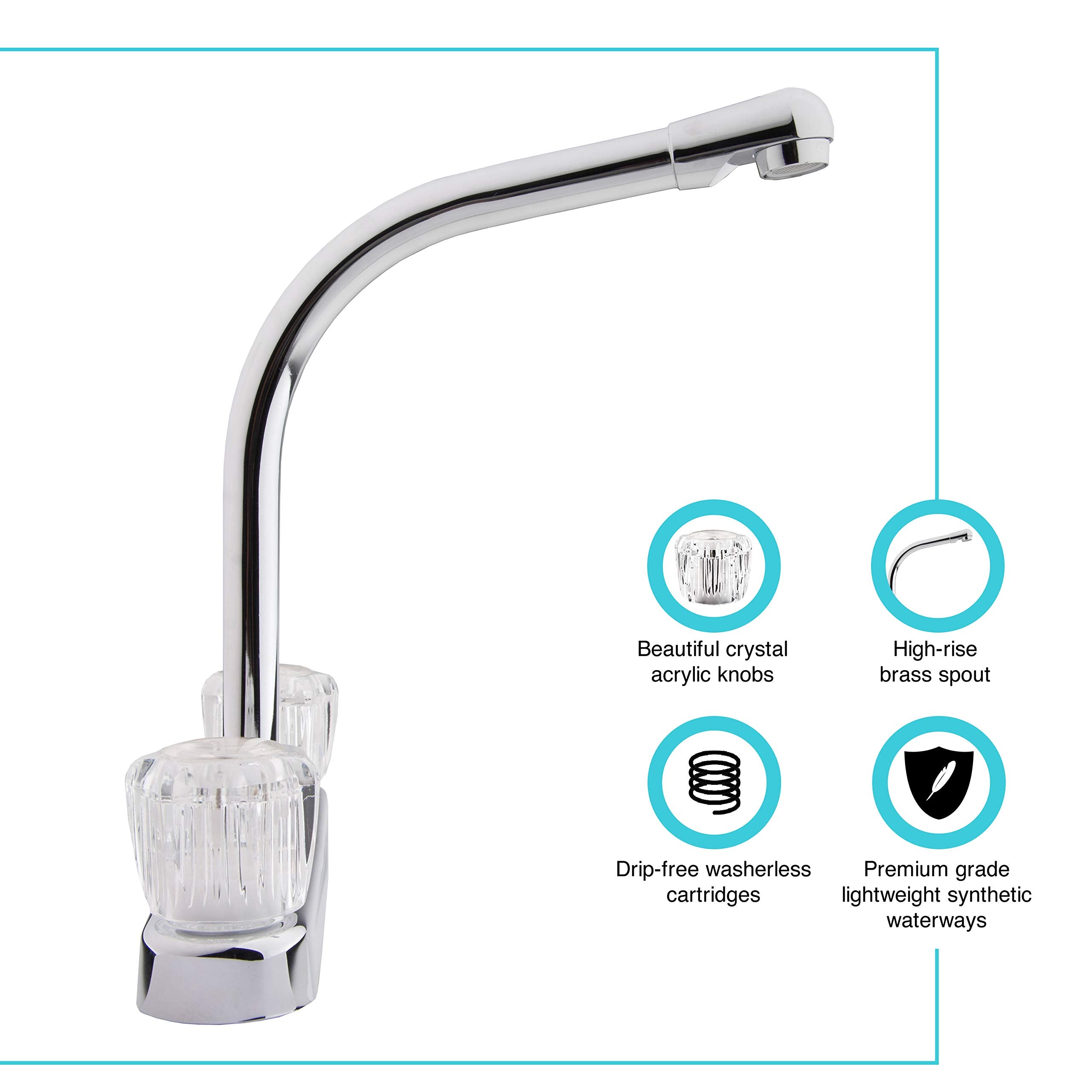 High Rise Dura Faucet DF-PK210A-CP Kitchen Sink Faucet with Crystal Acrylic Knobs (Chrome)