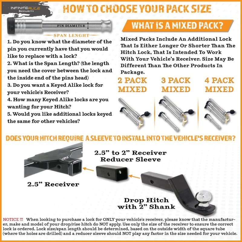 3 Pack Mixed, Keyed Alike, Hitch Locks for B&W 2.5" & 2" Continuum Hitch - Includes Lock for 2.5" Receiver
