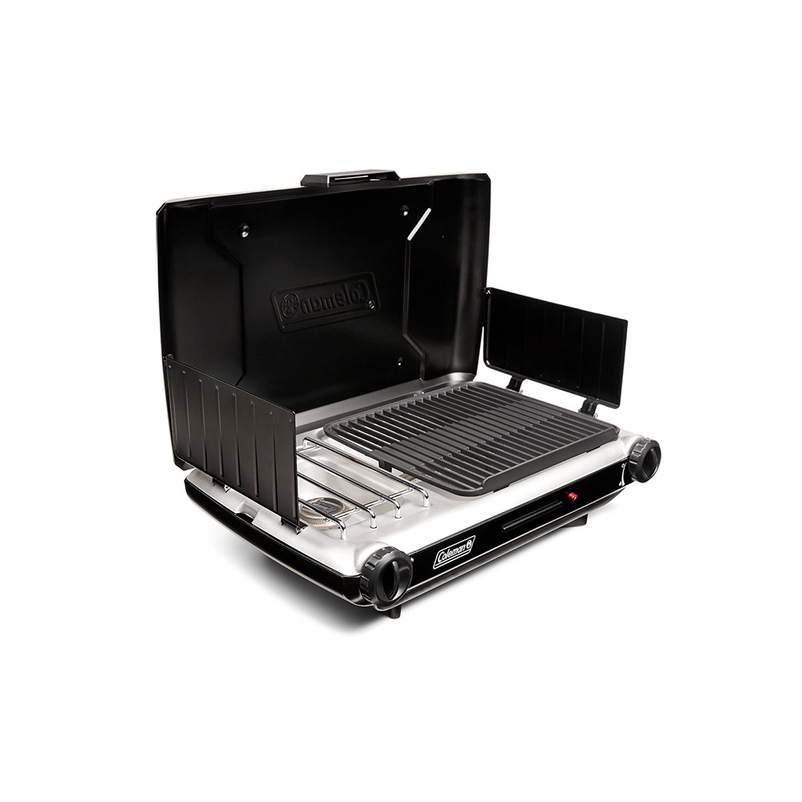 Coleman 2-in-1 Tabletop Grill & Stove with 2 Adjustable Burners, Propane Grill/Stove with Push-Button Starter, Wind Guards, Grease Tray, & 20,000 BTUs of Power for Camping, Tailgating, & More