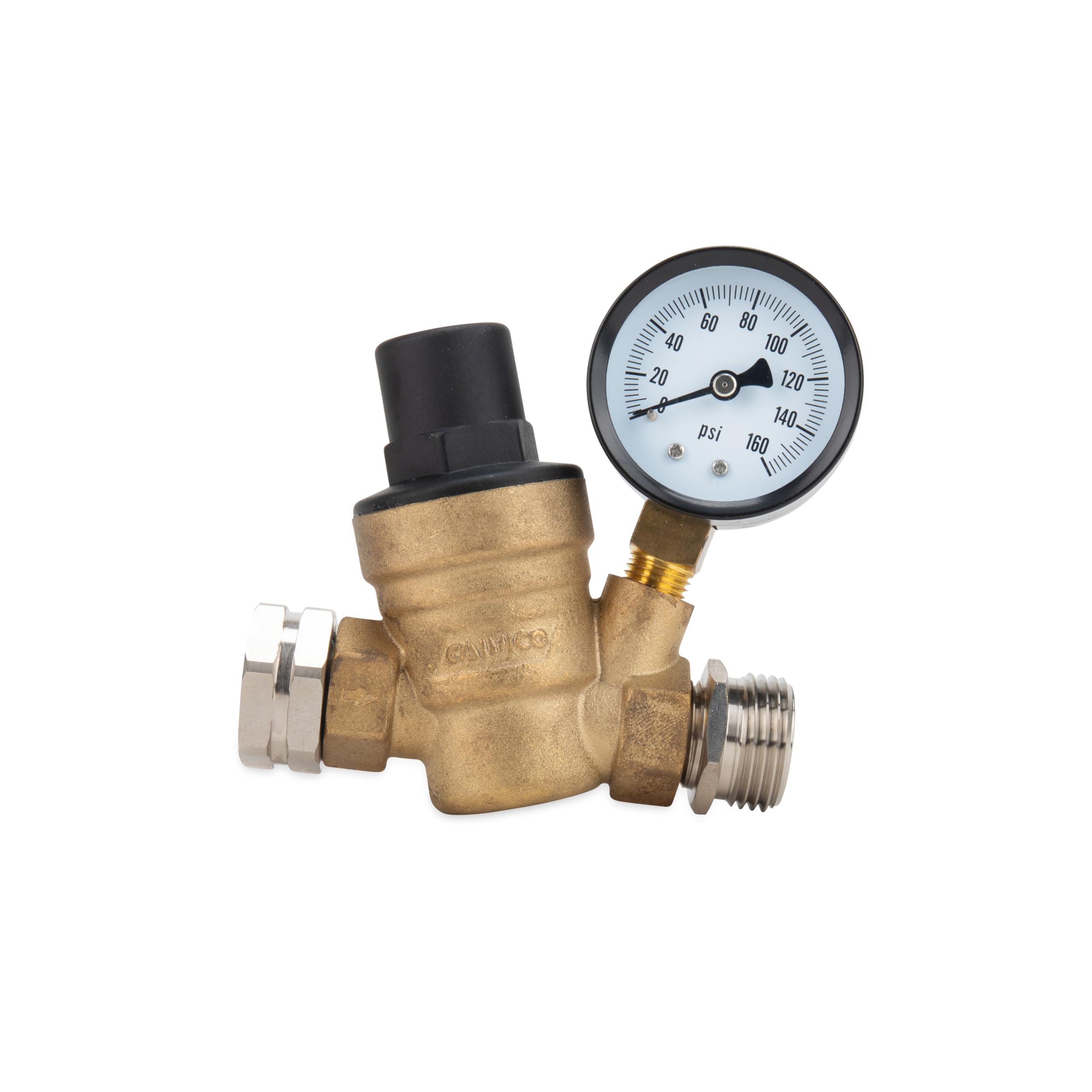Camco Brass Adjustable RV/Marine Water Pressure Regulator | Help Stop Damage to RV/Marine Appliances, Plumbing Fixtures, and Hoses | Features Standard Garden Hose Threads for Simple Hookup | (40058)