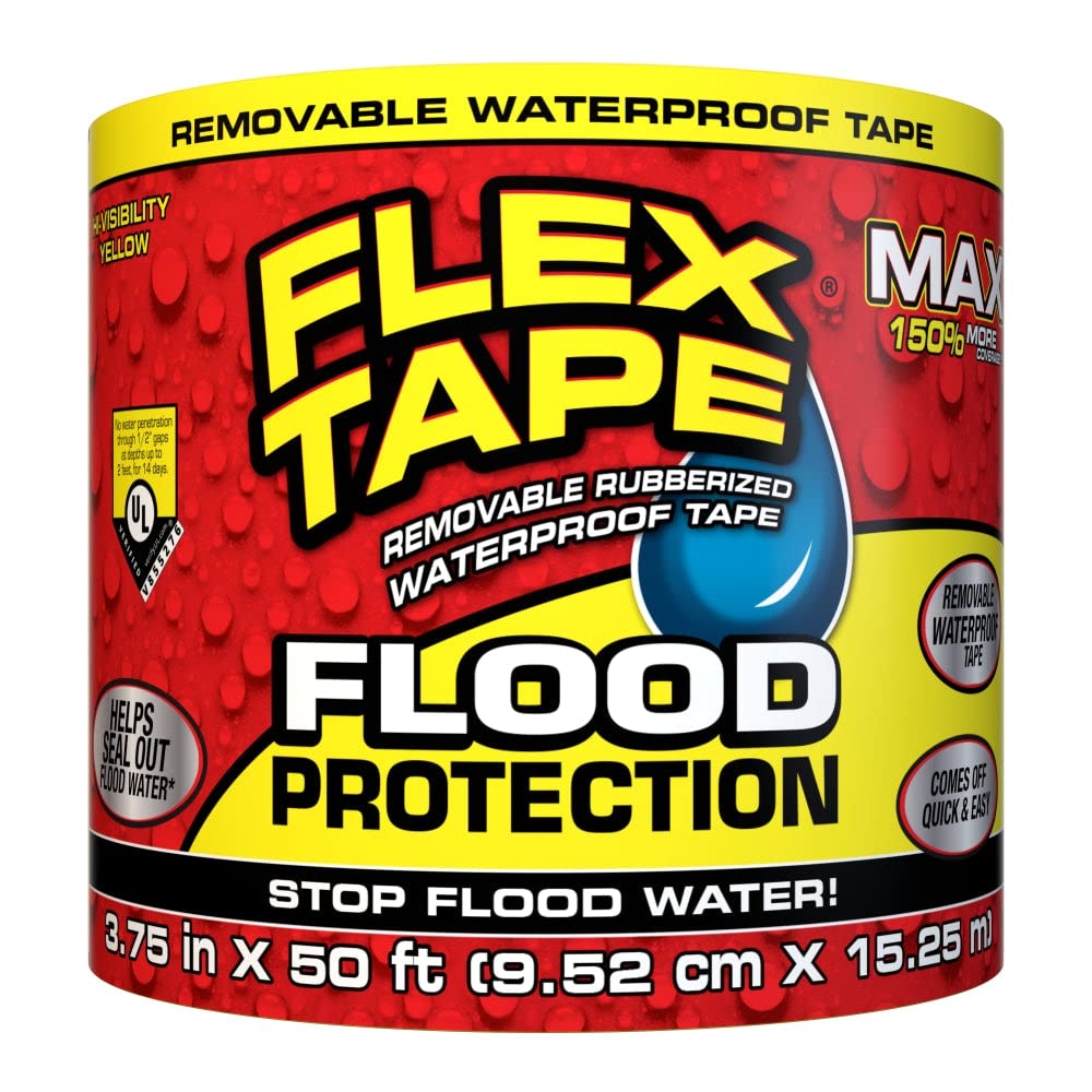 Flood Protection Flex Tape, 3.75 in x 50 ft, MAX, Waterproof Rubberized Tape, Removable, Use on Windows, Doors, Garage Doors, Casings, Thresholds, Conduits, Vents, Ducts