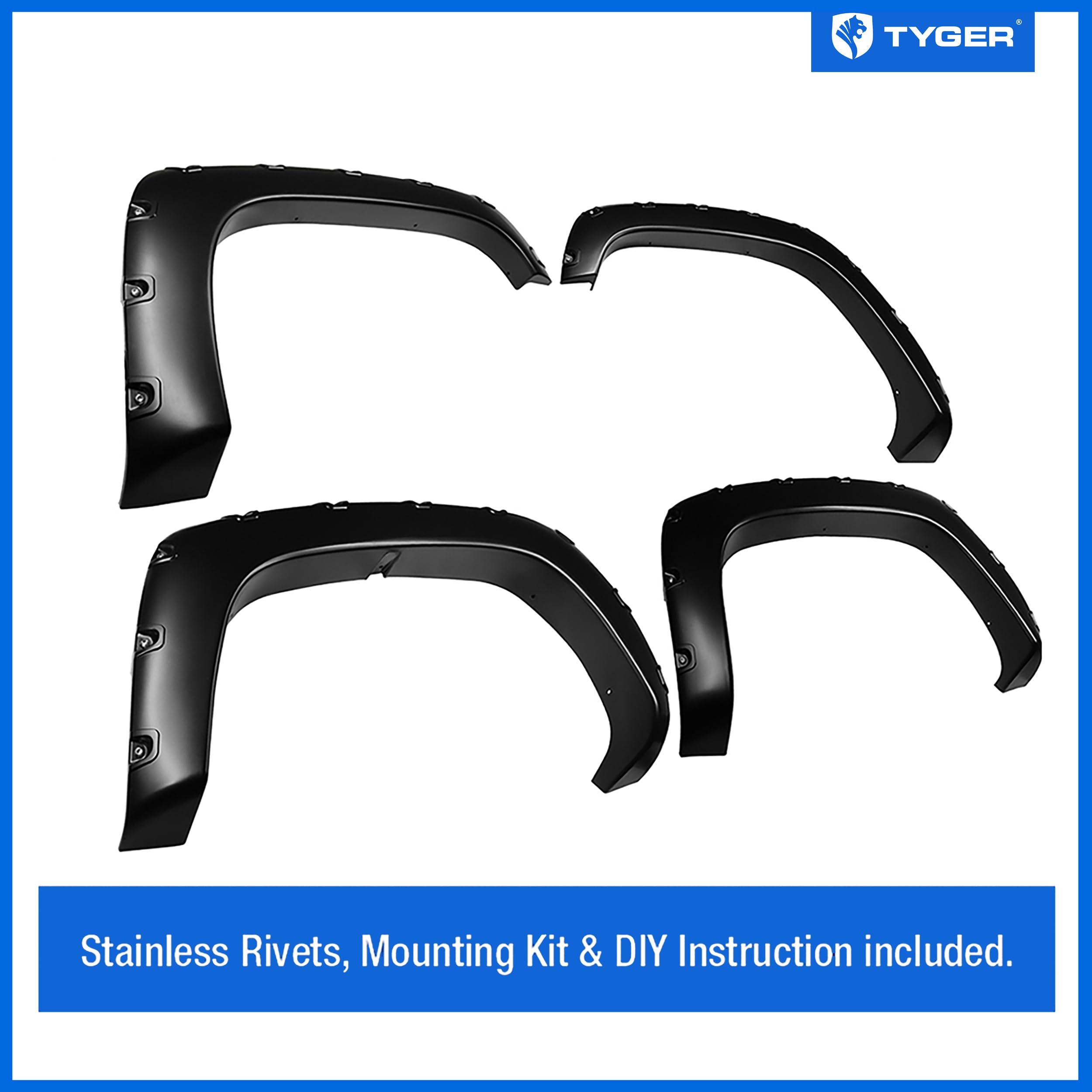 Tyger Auto Fender Flare Compatible with C/K Chevy GMC Pickup/Suburban/Blazer/Yukon/Tahoe 2Dr Fleetside, Smooth Textured Black Paintable Bolt-Riveted Style 4pc | TG-FF8C4088
