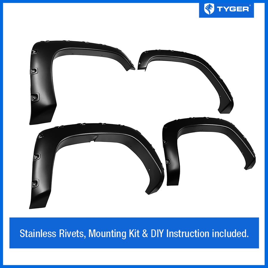 Tyger Auto Fender Flare Compatible with C/K Chevy GMC Pickup/Suburban/Blazer/Yukon/Tahoe 2Dr Fleetside, Smooth Textured Black Paintable Bolt-Riveted Style 4pc | TG-FF8C4088