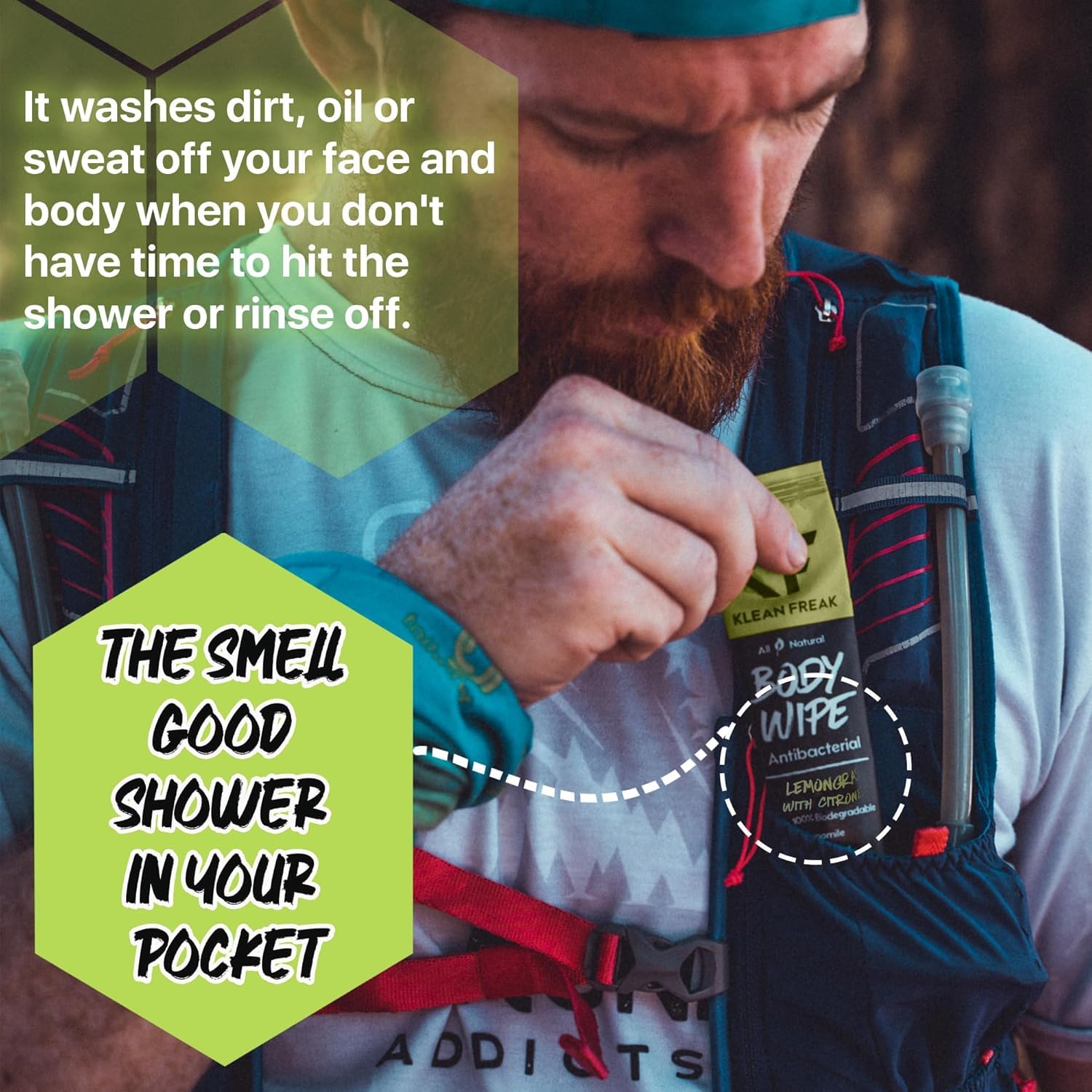The Klean Freak Body Wipes - Individually Wrapped 12 count | Showerless Body Wipe for Women & Men | Sustainable Bodywipes for Gym, Travel, Camping | Lemongrass Citronella