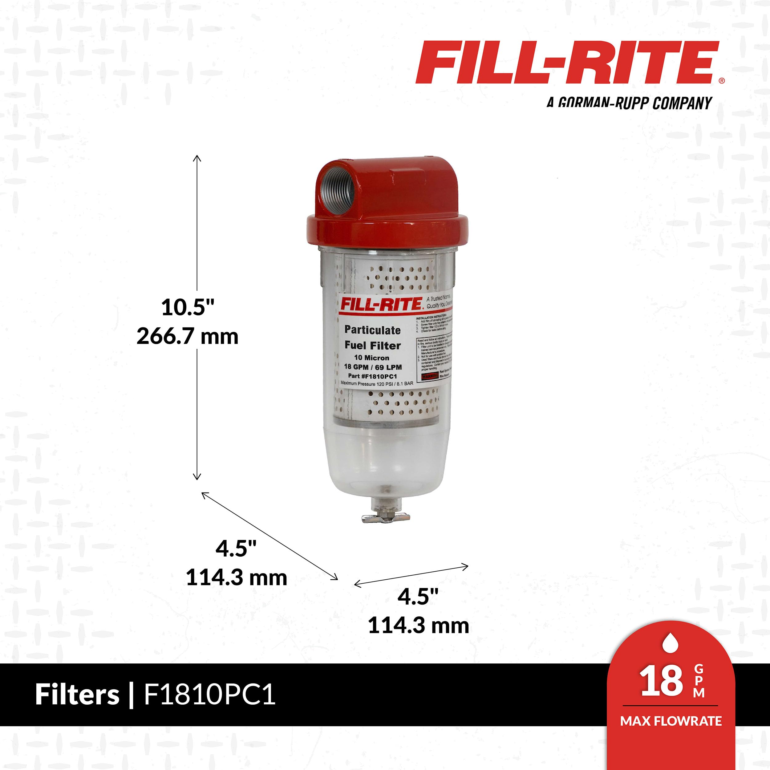 Fill-Rite 1" F1810PC1 18 GPM (68 LPM) 10 Micron Particulate Fuel Filter with Drain (Clear Bowl)