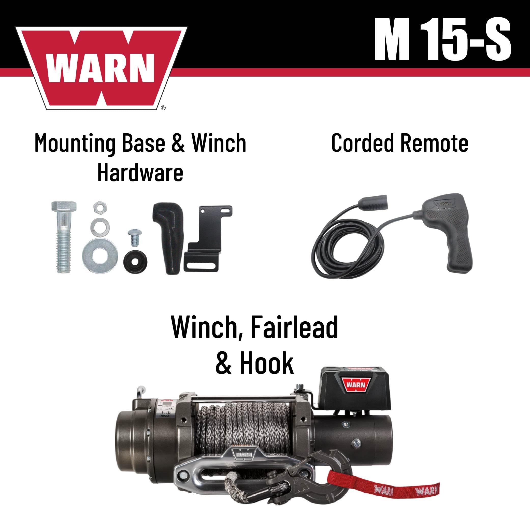 M15-S WARN Electric 12V Heavyweight Winch – 15,000 lb Pulling Capacity, Synthetic Rope, Sealed Motor, IP68 Waterproof, All-Metal Gear Train for Off-Road & Industrial Recovery