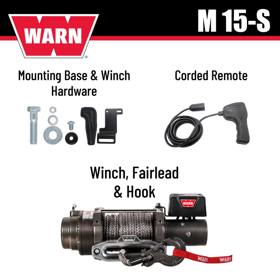 M15-S WARN Electric 12V Heavyweight Winch – 15,000 lb Pulling Capacity, Synthetic Rope, Sealed Motor, IP68 Waterproof, All-Metal Gear Train for Off-Road & Industrial Recovery
