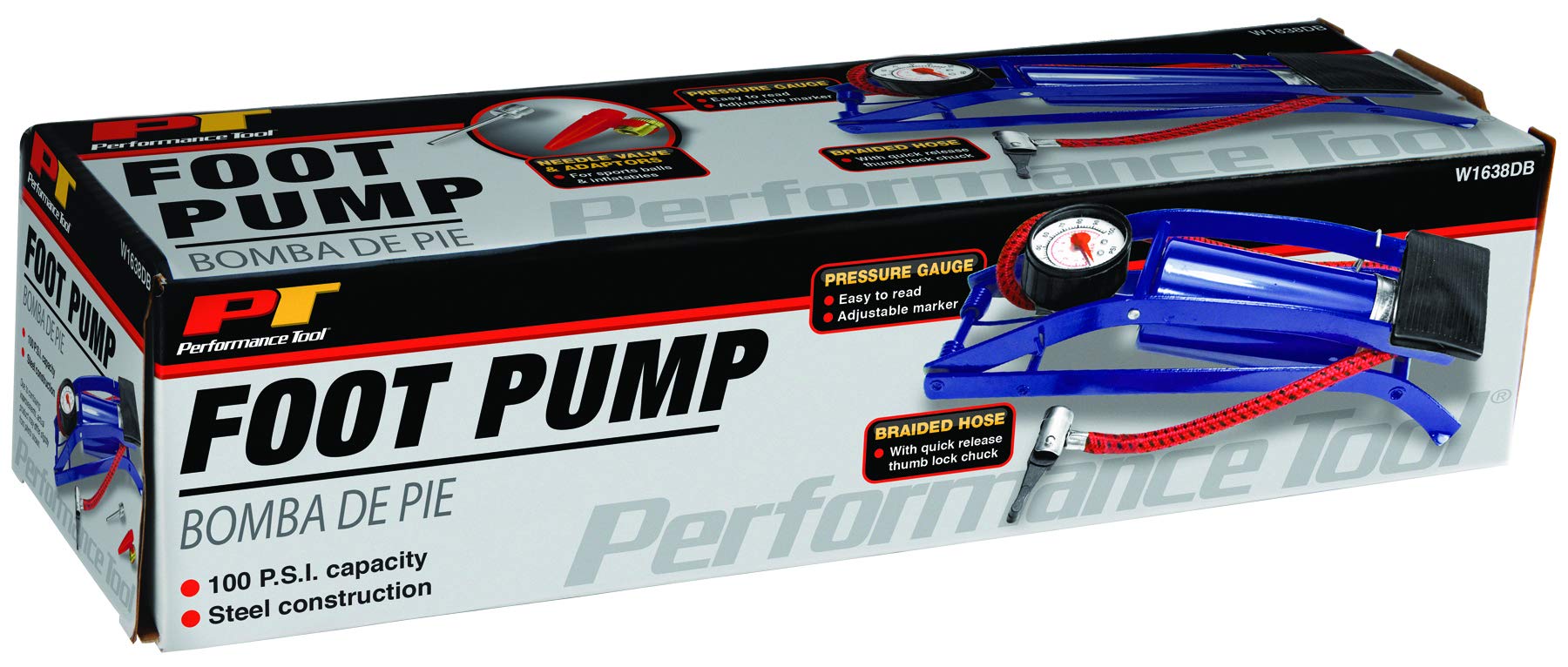 Foot Pump Performance Tool W1638DB for Bike Tires and Sports Equipment with Air Pressure Gauge, Braided Hose, and Needle Valve with Adaptors, 100 P.S.I Capacity, Blue