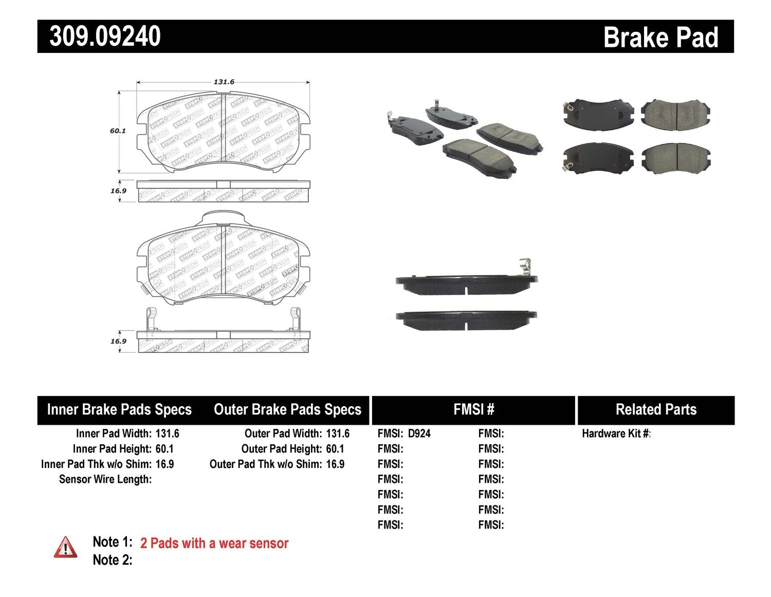 Sport Brake Pads StopTech 309.09240 with Shims and Hardware