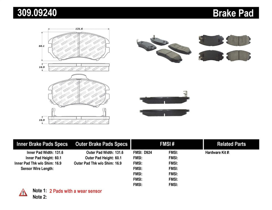 Sport Brake Pads StopTech 309.09240 with Shims and Hardware