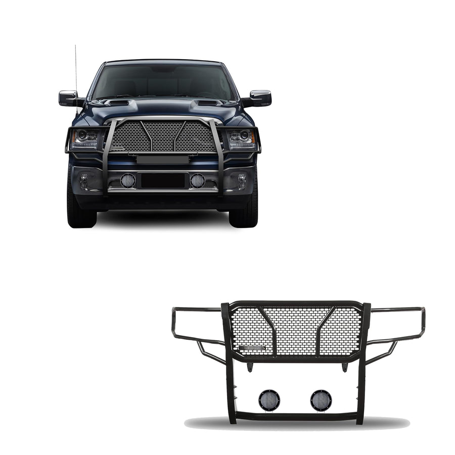 Heavy Duty Black Horse Rugged Grille Brush Bumper Guard Modular Come with Pair of 5.3" LED Lights Compatible with 2019-2024 Ram 1500 Classic|2009-2018 Dodge Ram 1500-RU-DORA09-B-PLFB