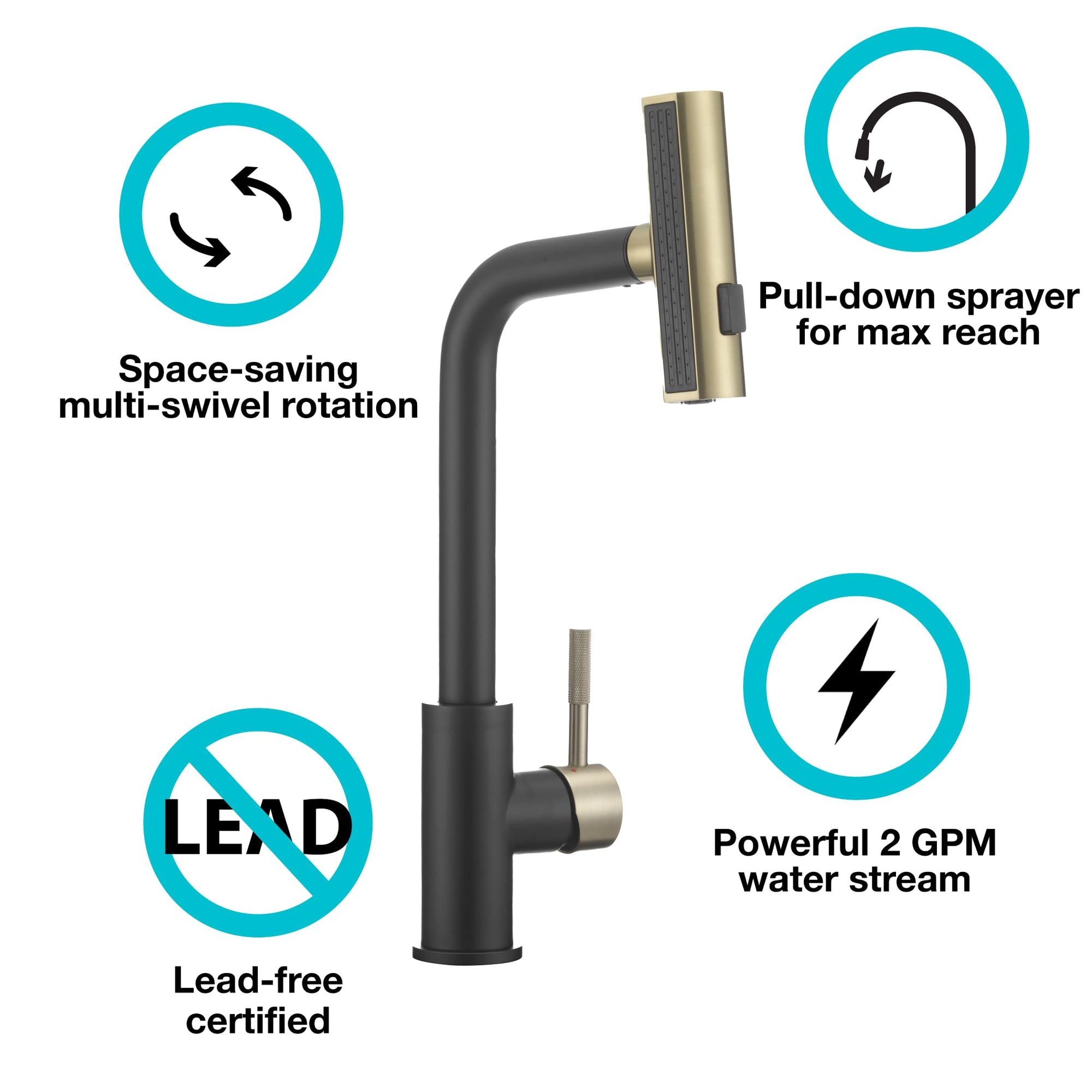 Dura Faucet Rainfall (DF-MK511X-MBMG) RV Kitchen Faucet – Matte Black/Matte Gold, Dual-Mode Rotating Spray Head (Wide Waterfall & Stream), Single Lever Handle, Lead-Free, Easy Install Sink Faucet
