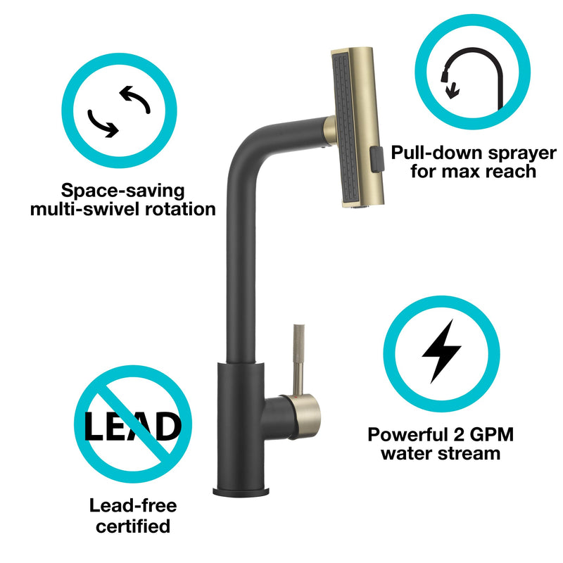 Dura Faucet Rainfall (DF-MK511X-MBMG) RV Kitchen Faucet – Matte Black/Matte Gold, Dual-Mode Rotating Spray Head (Wide Waterfall & Stream), Single Lever Handle, Lead-Free, Easy Install Sink Faucet