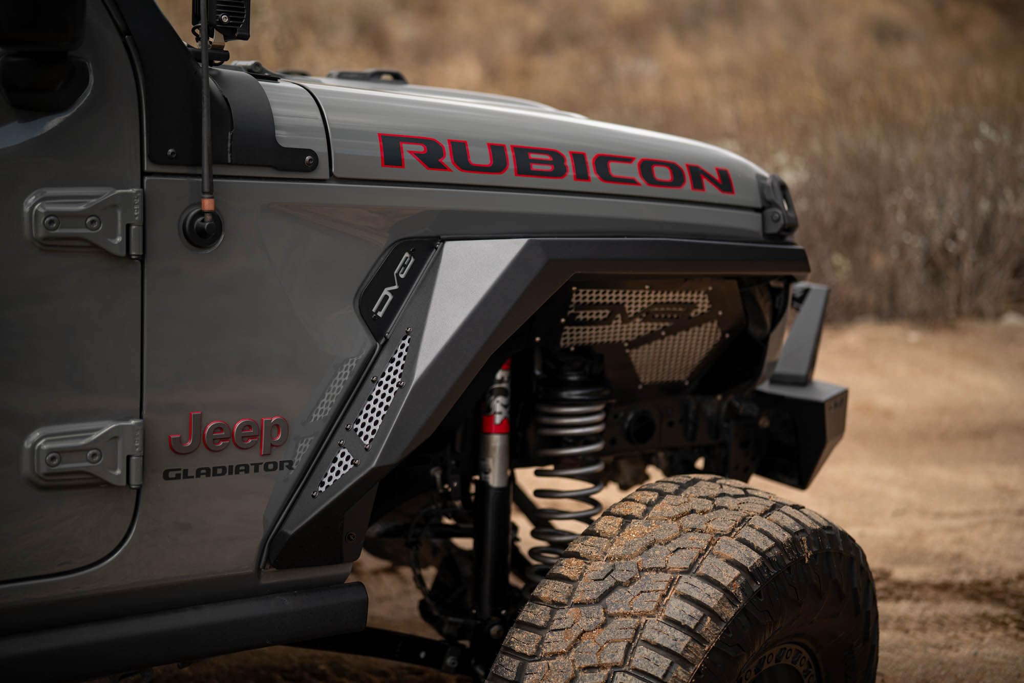 Armor Fender Flares DV8 Offroad for 2020-2025 Jeep Gladiator JT | Rigid Armor-Plated Steel Design | Narrow Width | Paintable Aluminum Accent Panels | (2) Amber Turn Signals | Powder Coated Black