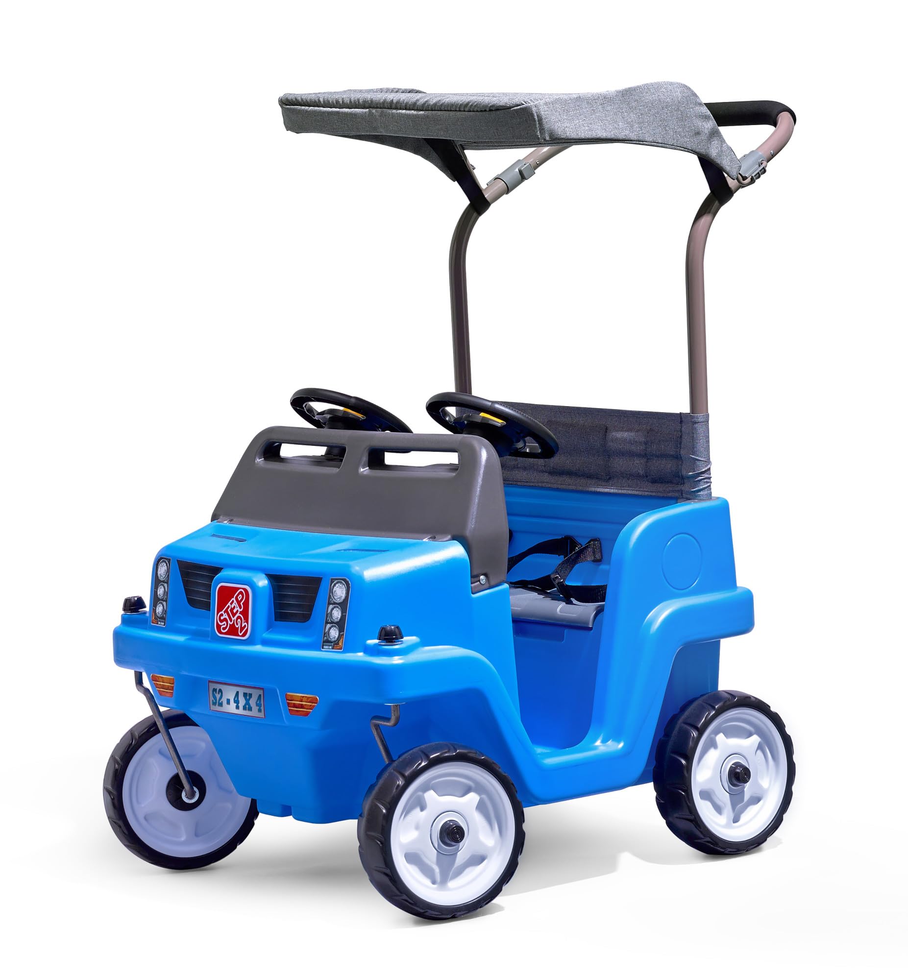 Step2 Push Around Side-by-Side SUV, 2-Seater Kids Car with Seat Belts, Dual Steering Wheels & Horns, Adjustable Canopy, Ages 18 months–5 years, Max 100 lbs., Durable Plastic, Blue
