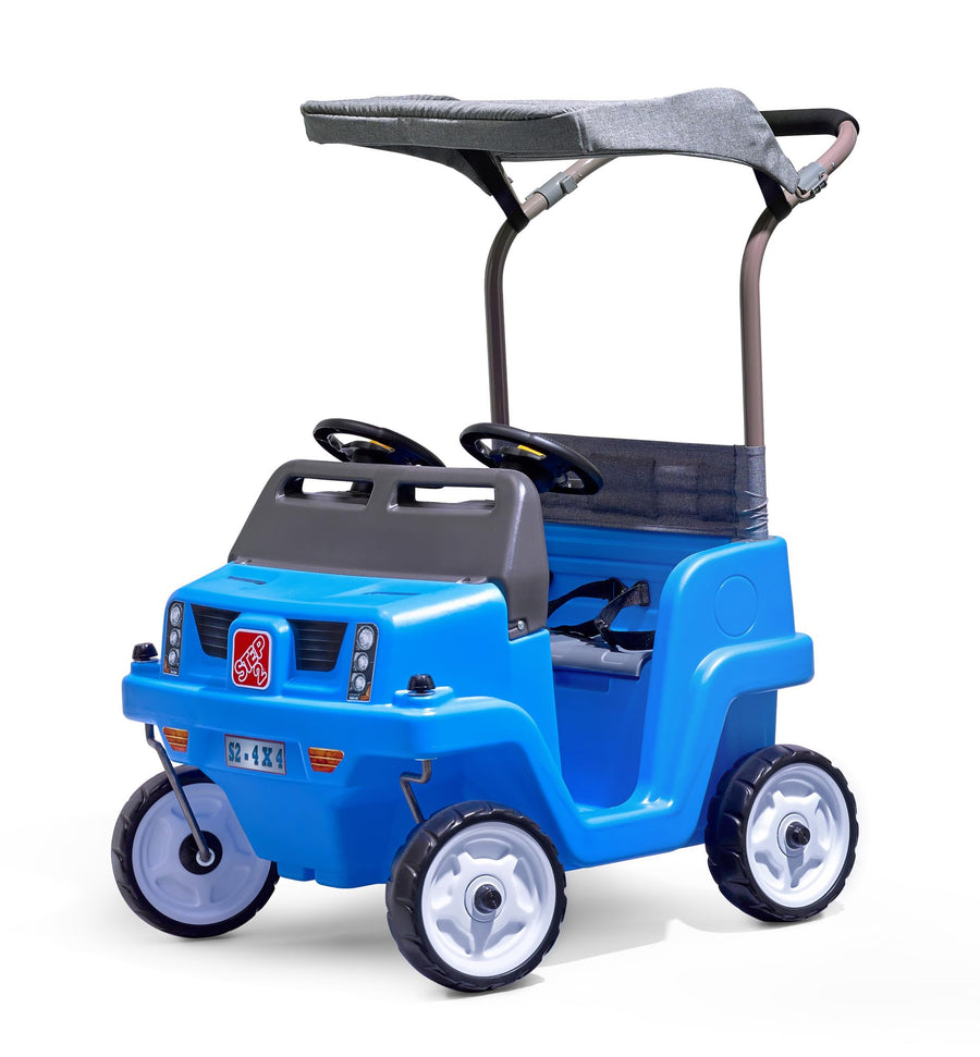 Step2 Push Around Side-by-Side SUV, 2-Seater Kids Car with Seat Belts, Dual Steering Wheels & Horns, Adjustable Canopy, Ages 18 months–5 years, Max 100 lbs., Durable Plastic, Blue