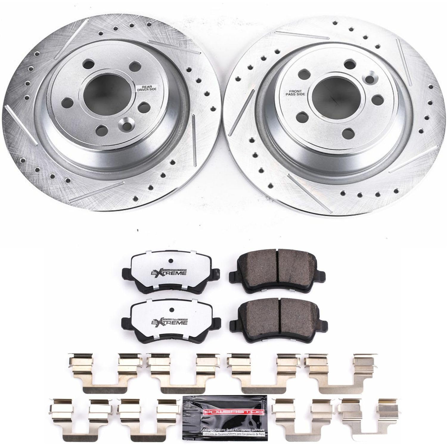 Rear Brake Kit Power Stop For 2012 2013 2014 2015 Land Rover Range Rover Evoque - Truck & Tow Carbon Fiber Ceramic Brake Pads & Drilled and Slotted Rotors Replacement, K6293-36
