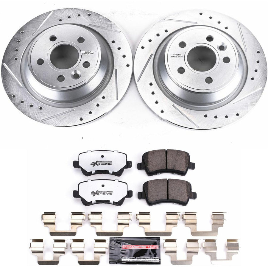 Rear Brake Kit Power Stop For 2012 2013 2014 2015 Land Rover Range Rover Evoque - Truck & Tow Carbon Fiber Ceramic Brake Pads & Drilled and Slotted Rotors Replacement, K6293-36