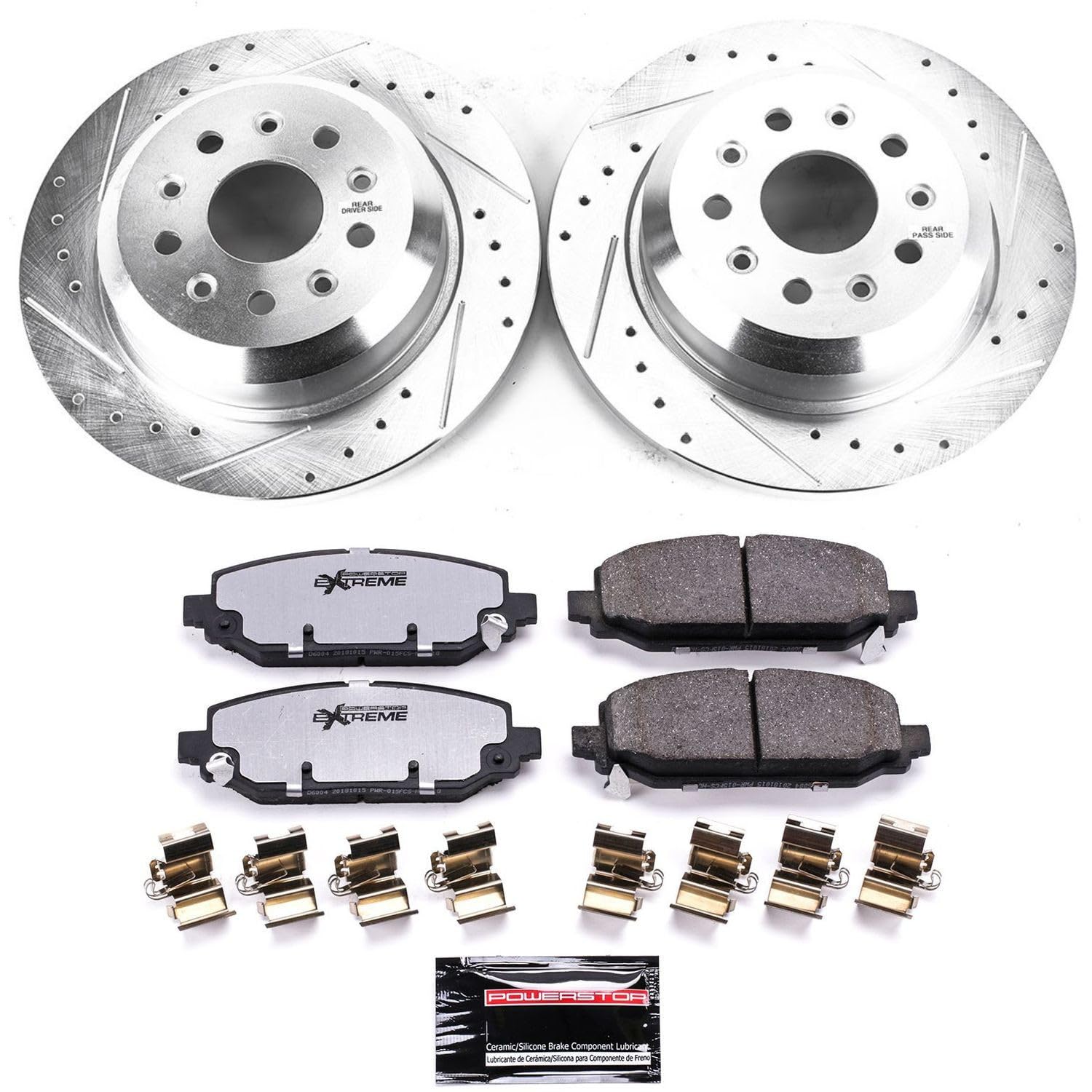 Rear Brake Kit Power Stop For 2018 2019 2020 2021 2022 2023 2024 Jeep Wrangler - Truck & Tow Carbon Fiber Ceramic Brake Pads & Drilled and Slotted Rotors Replacement, K7942-36