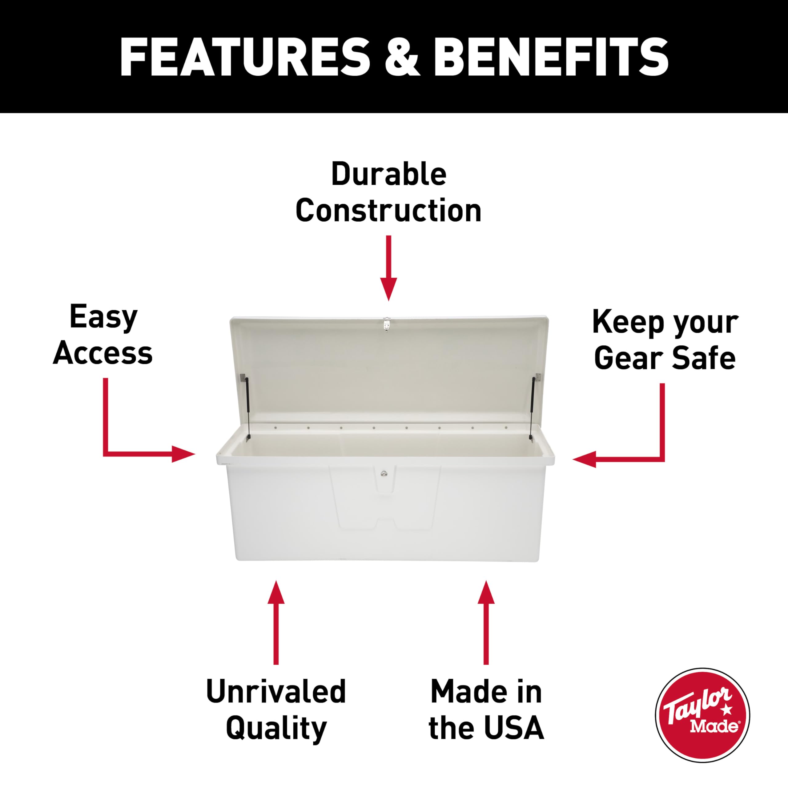Stow 'N Go Medium Fiberglass Deep Dock Box TAYLOR MADE PRODUCTS, White (27"H x 72"W x 26"D) – Fiberglass construction, UV gelcoat finish, stainless steel lockable latch and hardware – 2020108644