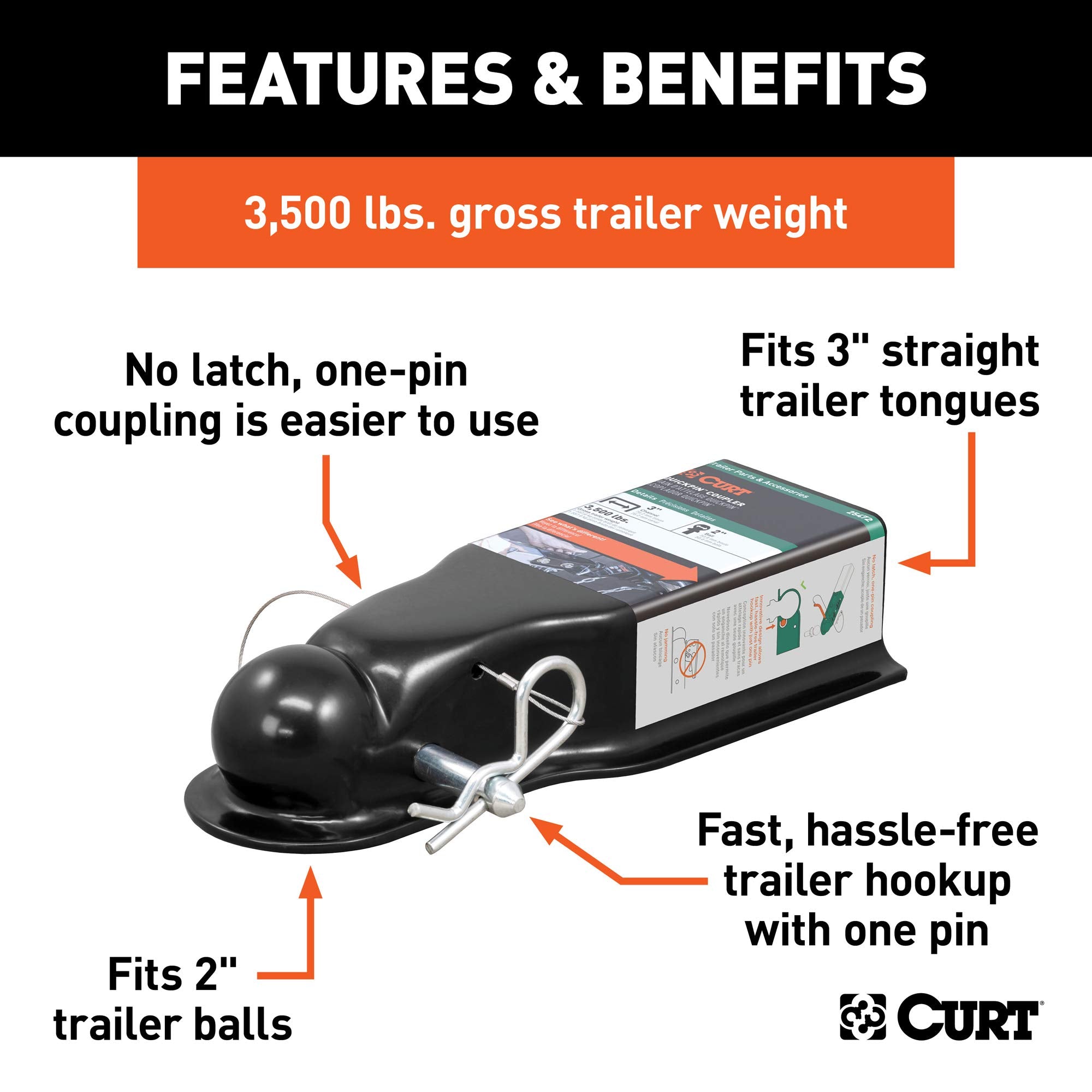 CURT QuickPin 25472 No-Latch Trailer Coupler for 2-Inch Hitch Ball, 3-in Channel, 3,500 lbs
