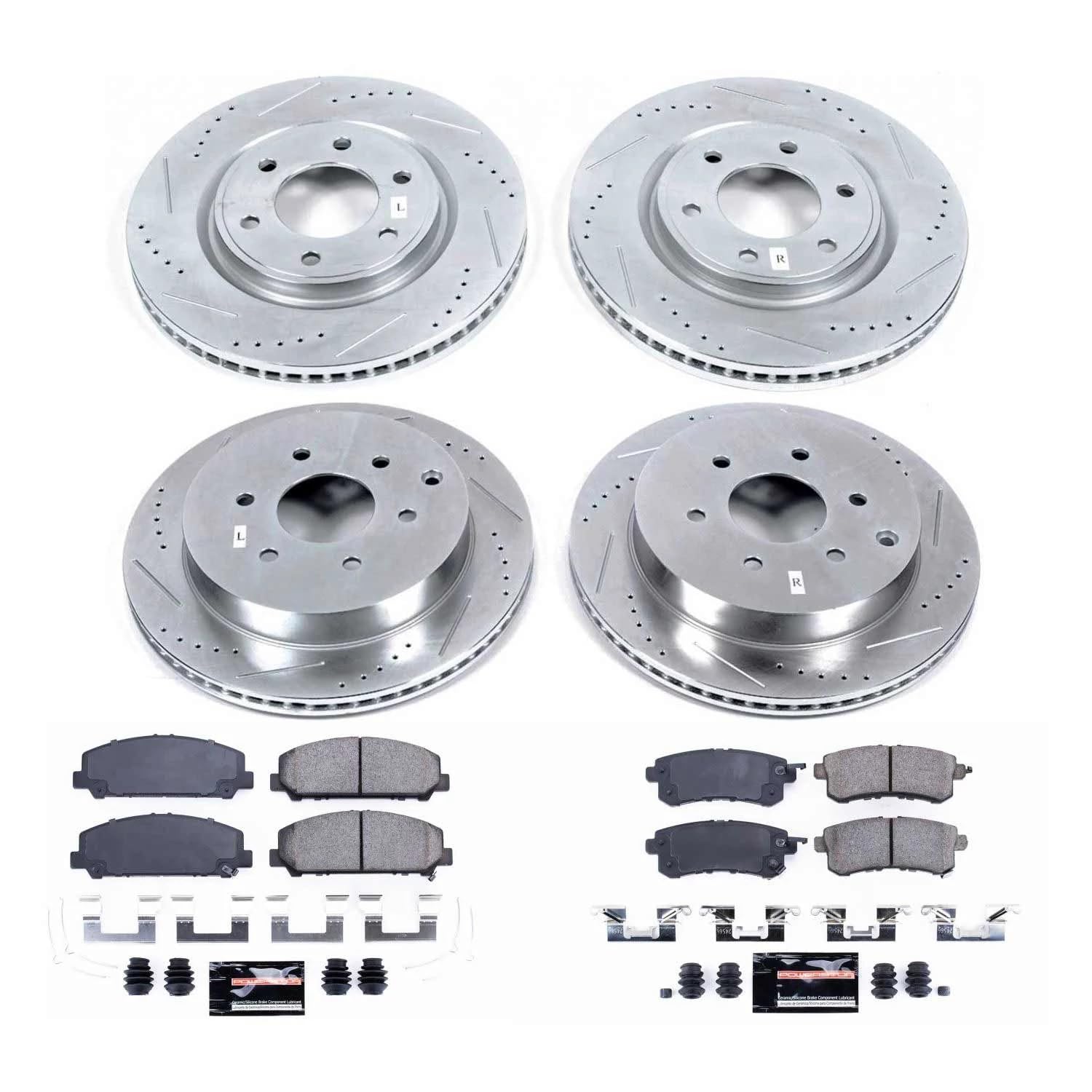 Power Stop K6322 Z23 Carbon Fiber Brake Pads Front and Rear with Drilled & Slotted Brake Rotors Kit